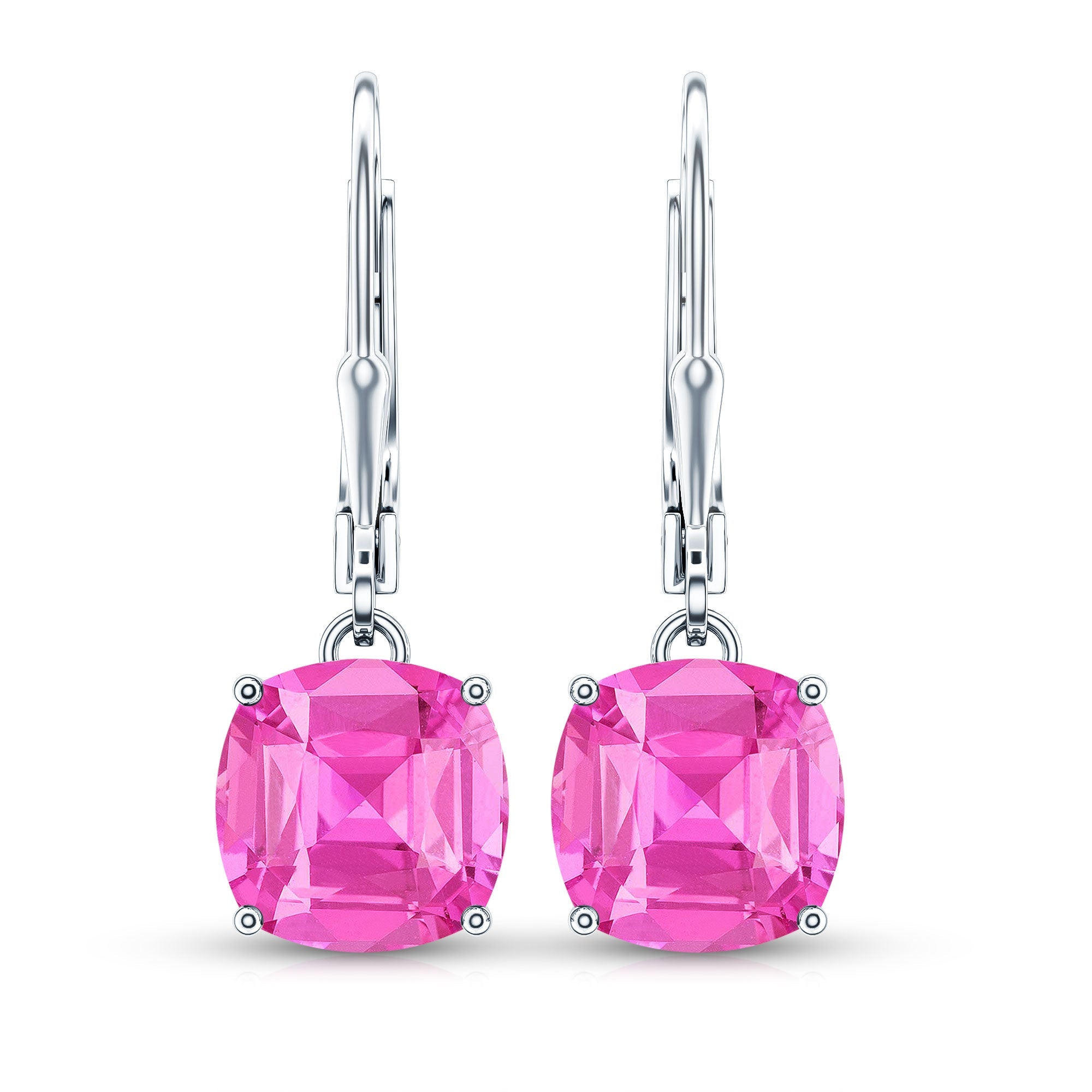 Cushion Cut Lab Created Pink Sapphire Solitaire Drop Earrings with Leverback