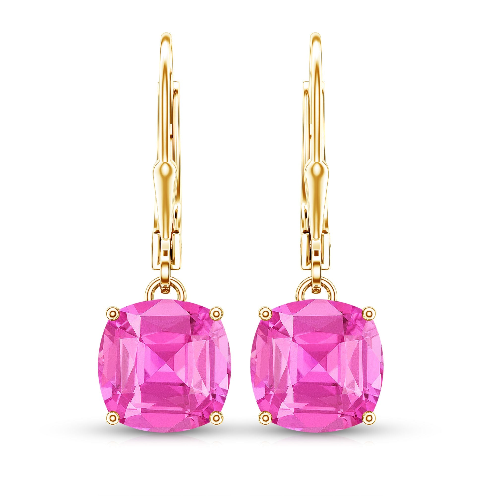 Cushion Cut Lab Created Pink Sapphire Solitaire Drop Earrings with Leverback
