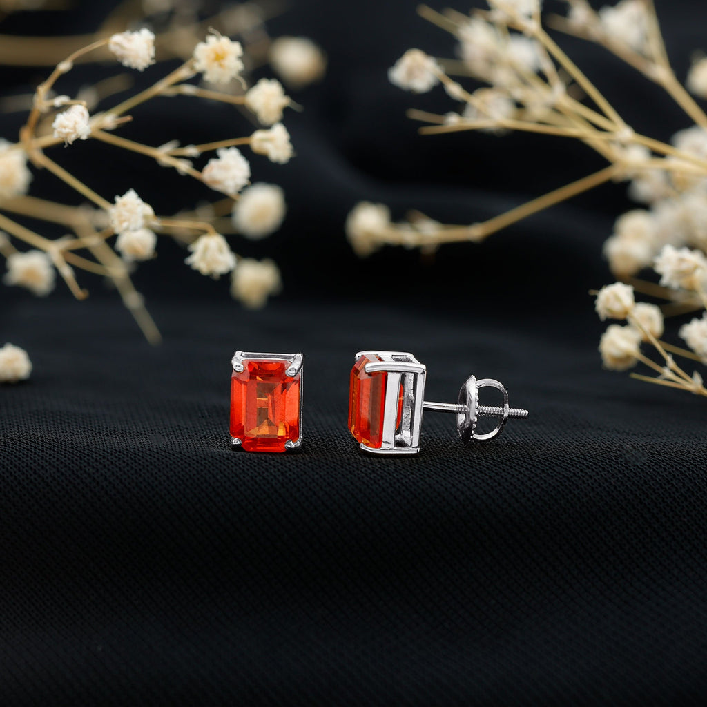 Lab Grown Orange Sapphire Emerald Cut Stud Earrings