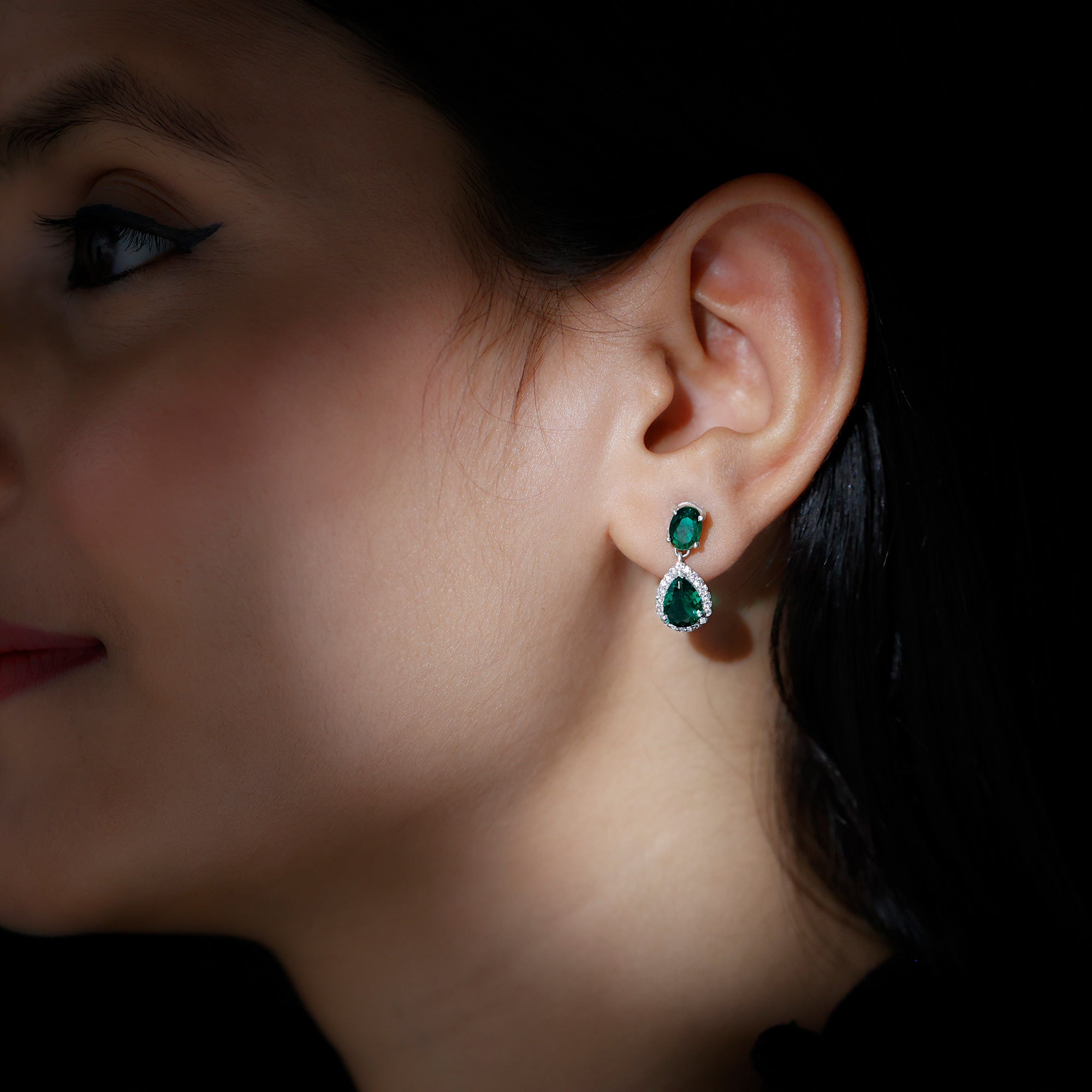 Lab Created Emerald Classic Dangle Earrings with Moissanite