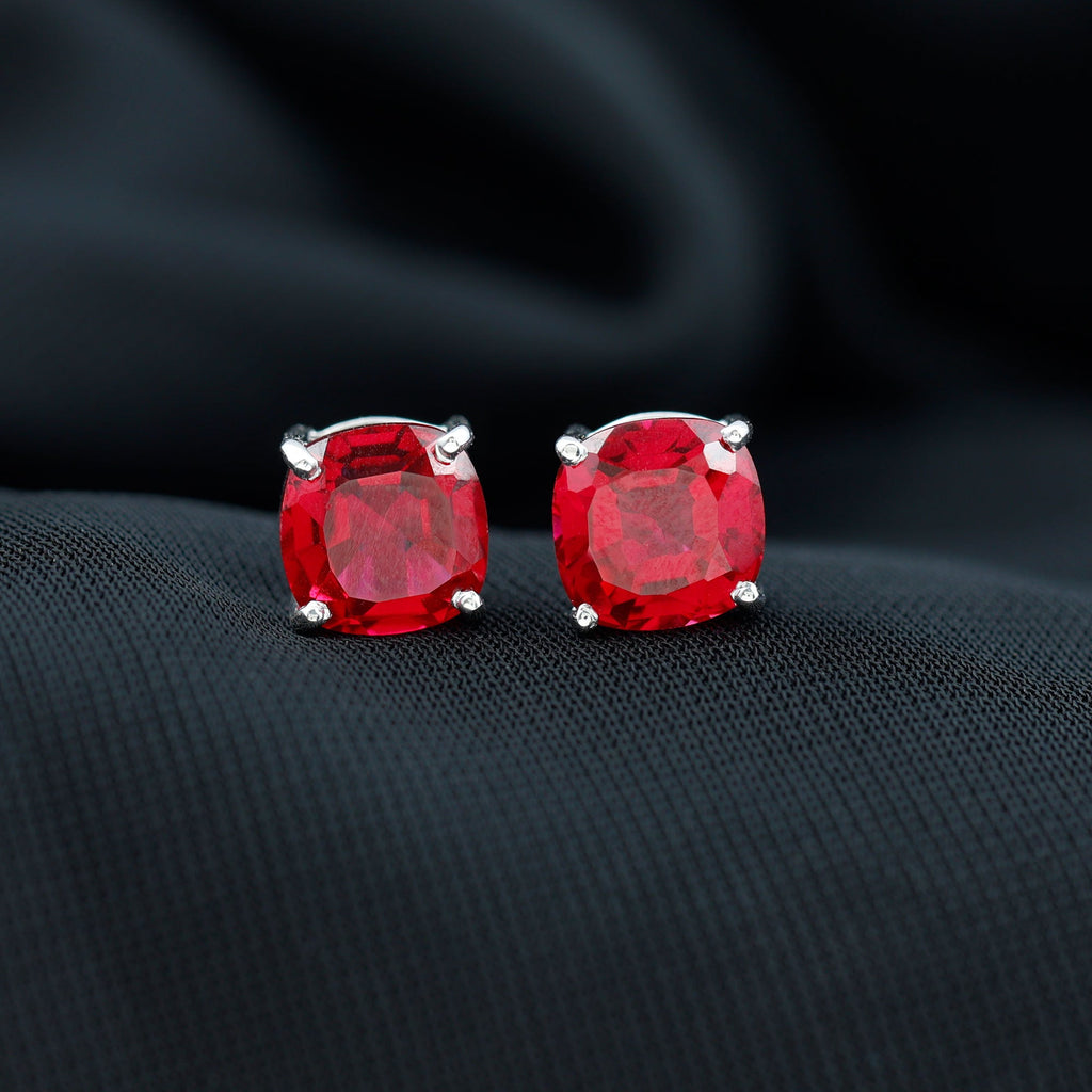 4 Carat Cushion Cut Created Ruby Solitaire Stud Earrings