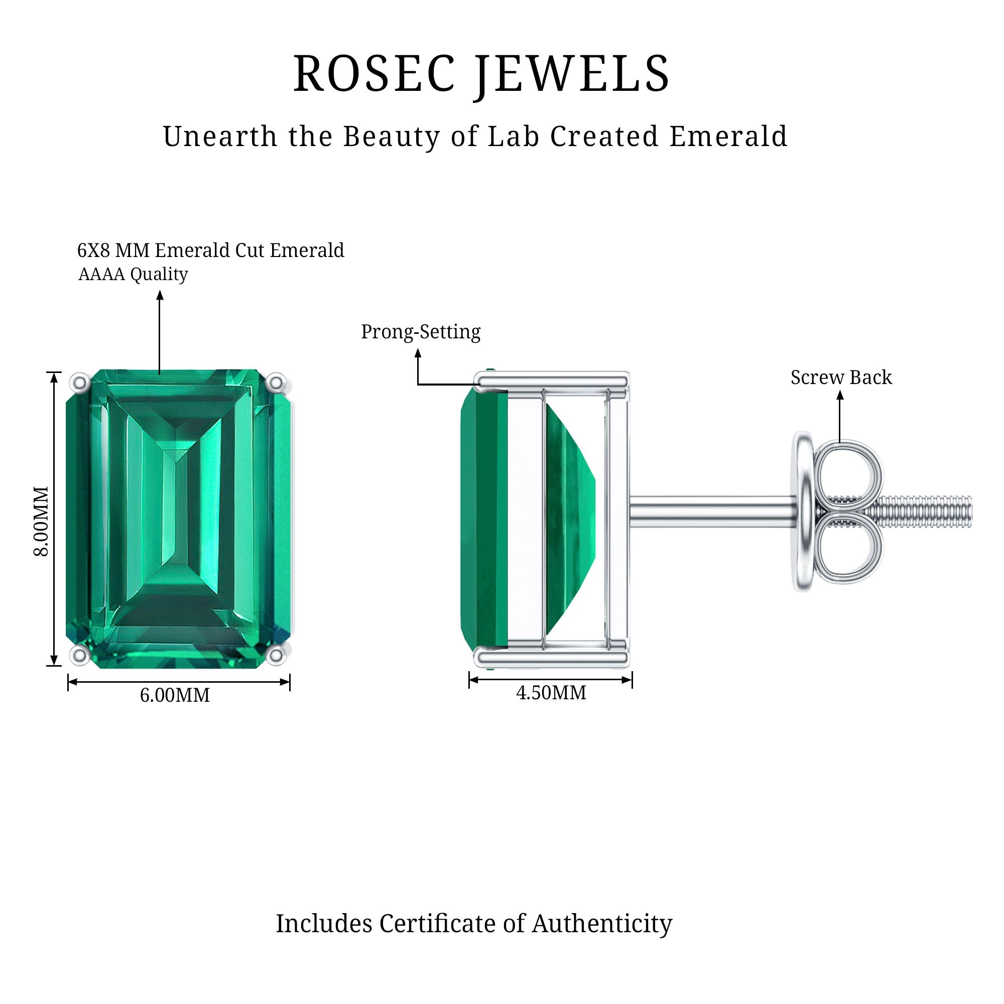 3.3 Carat Emerald Cut Lab Grown Emerald Solitaire Stud Earrings
