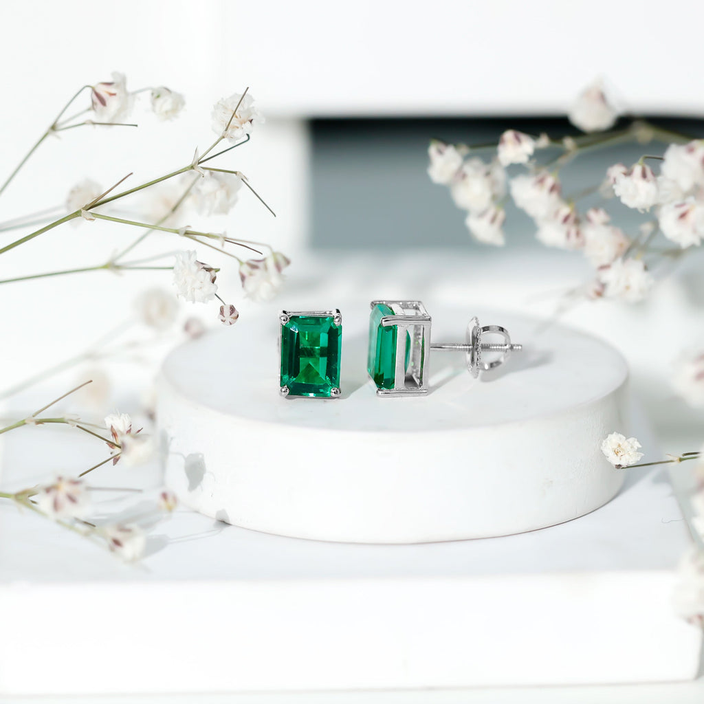 3.3 Carat Emerald Cut Lab Grown Emerald Solitaire Stud Earrings