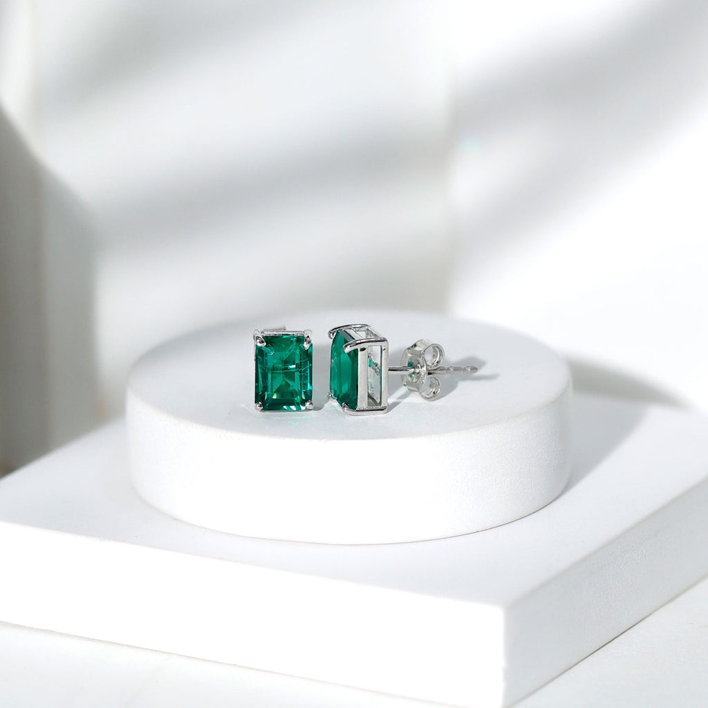 3.3 Carat Emerald Cut Lab Grown Emerald Solitaire Stud Earrings