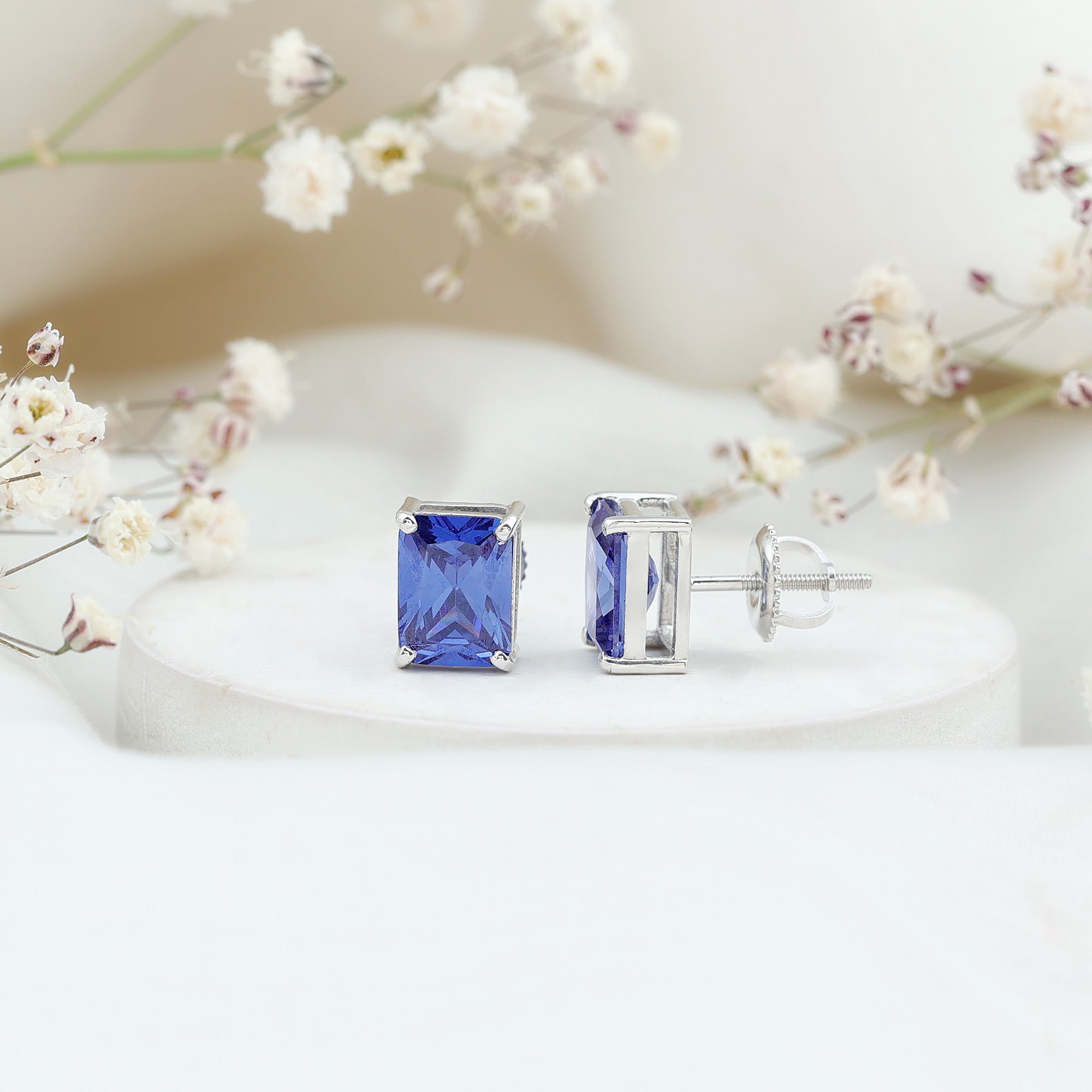 3.5 CT Emerald Cut Lab Created Blue Sapphire Big Stud Earrings