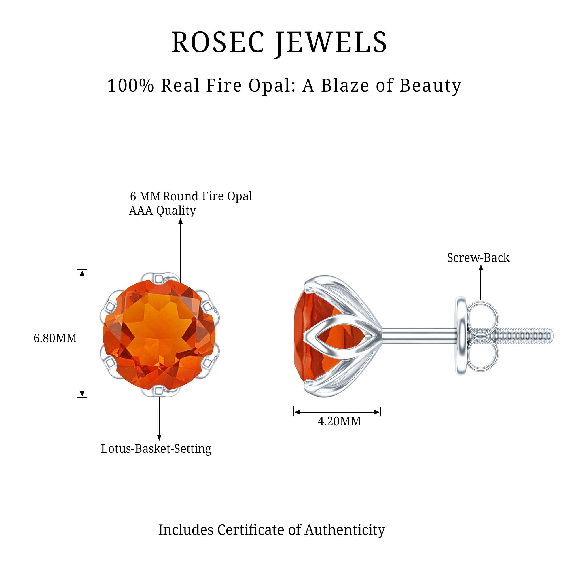 Certified Natural Fire Opal Stud Earrings with Screw Back