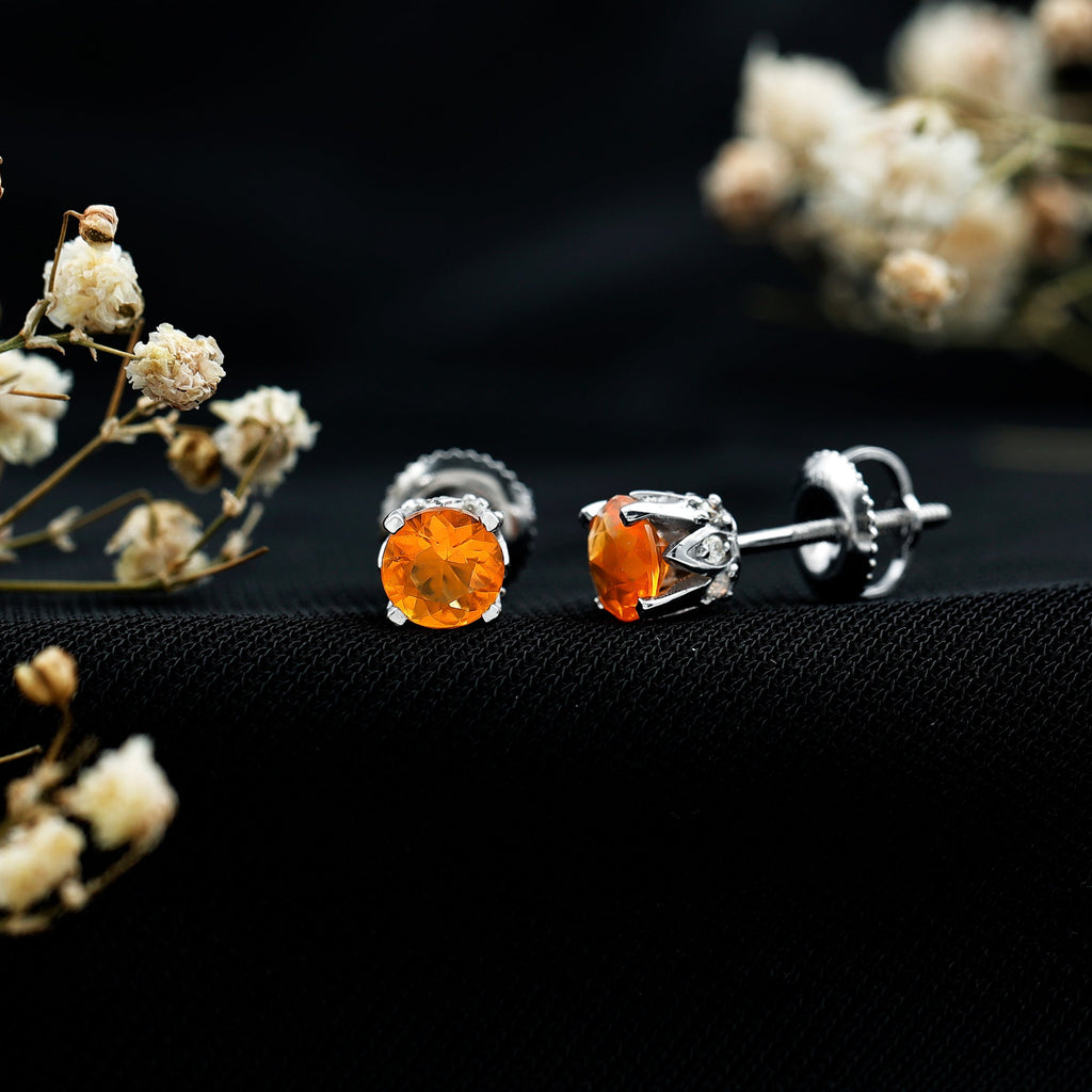 Solitaire Fire Opal Stud Earrings with Diamond Accent