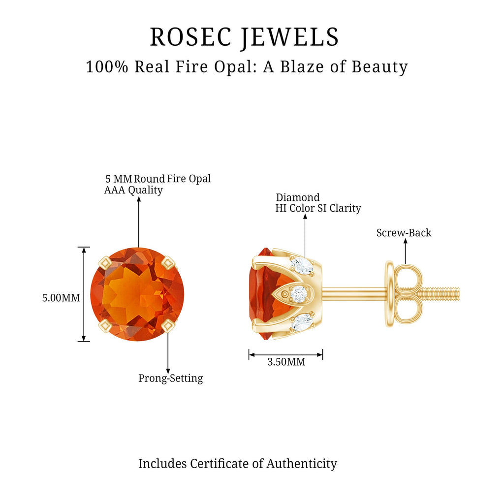 Solitaire Fire Opal Stud Earrings with Diamond Accent