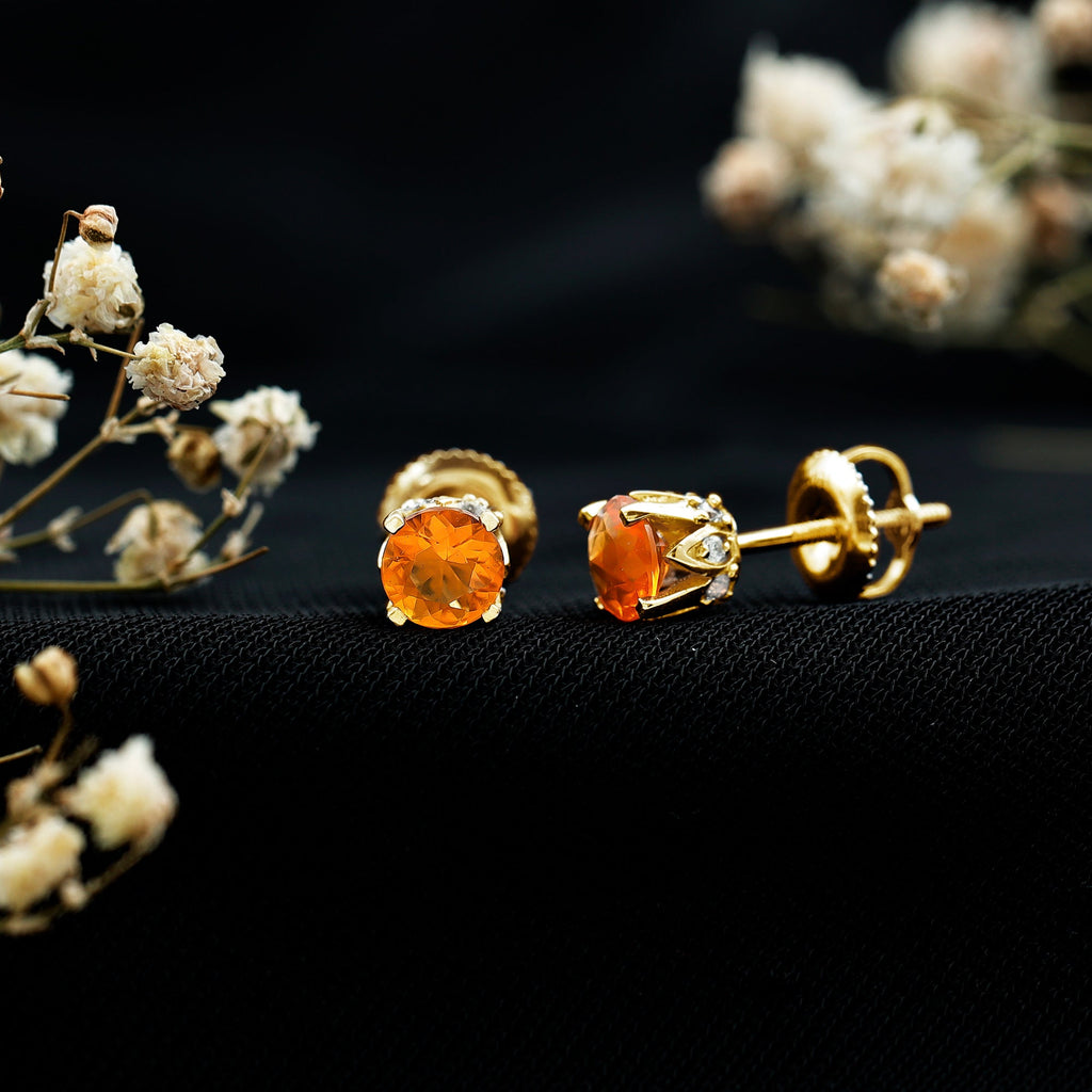 Solitaire Fire Opal Stud Earrings with Diamond Accent