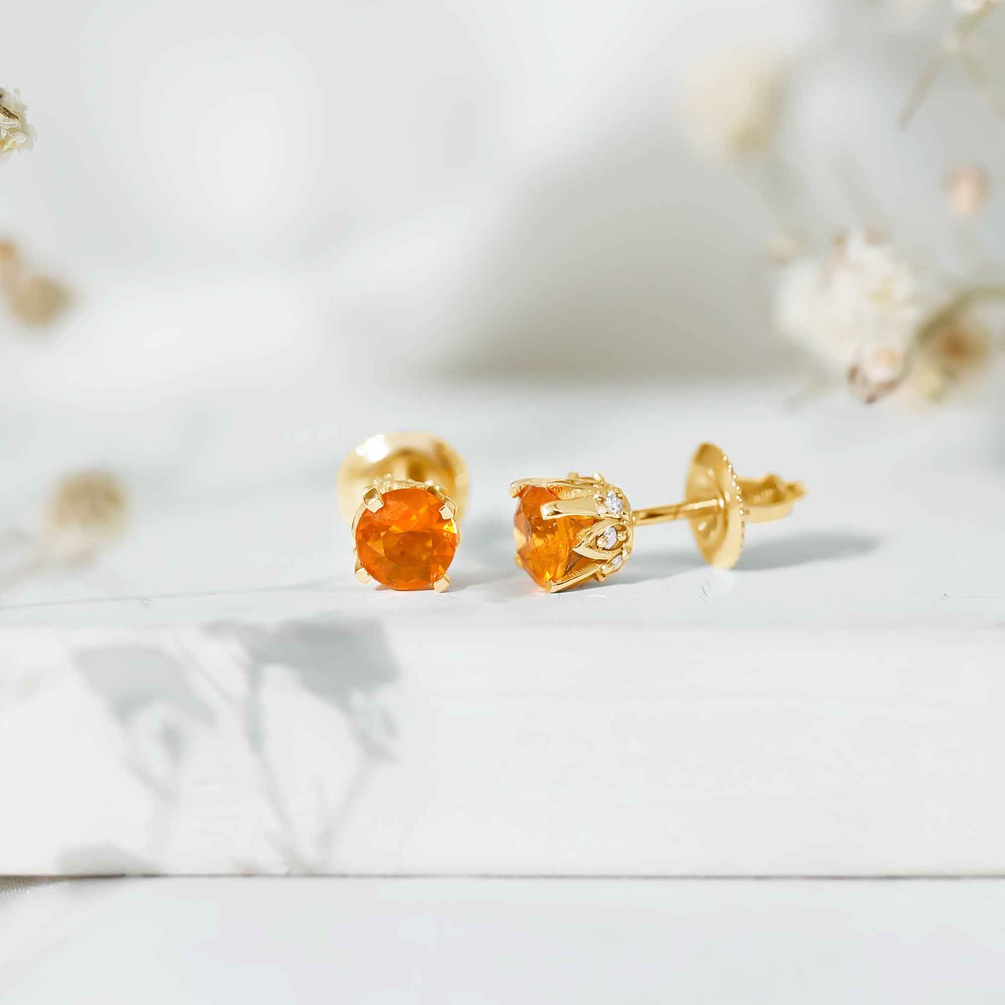 Solitaire Fire Opal Stud Earrings with Diamond Accent
