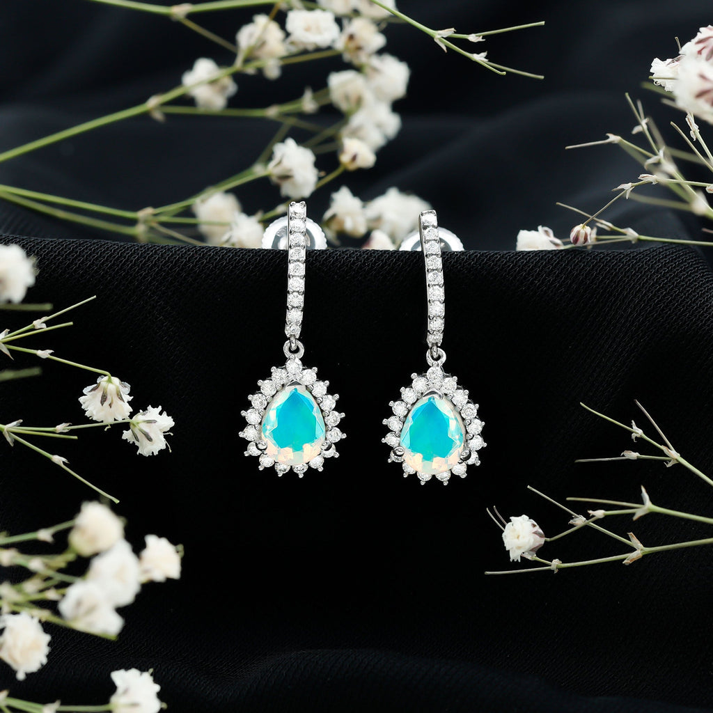 Natural Ethiopian Opal Teardrop Bridal Earrings with Moissanite Accent