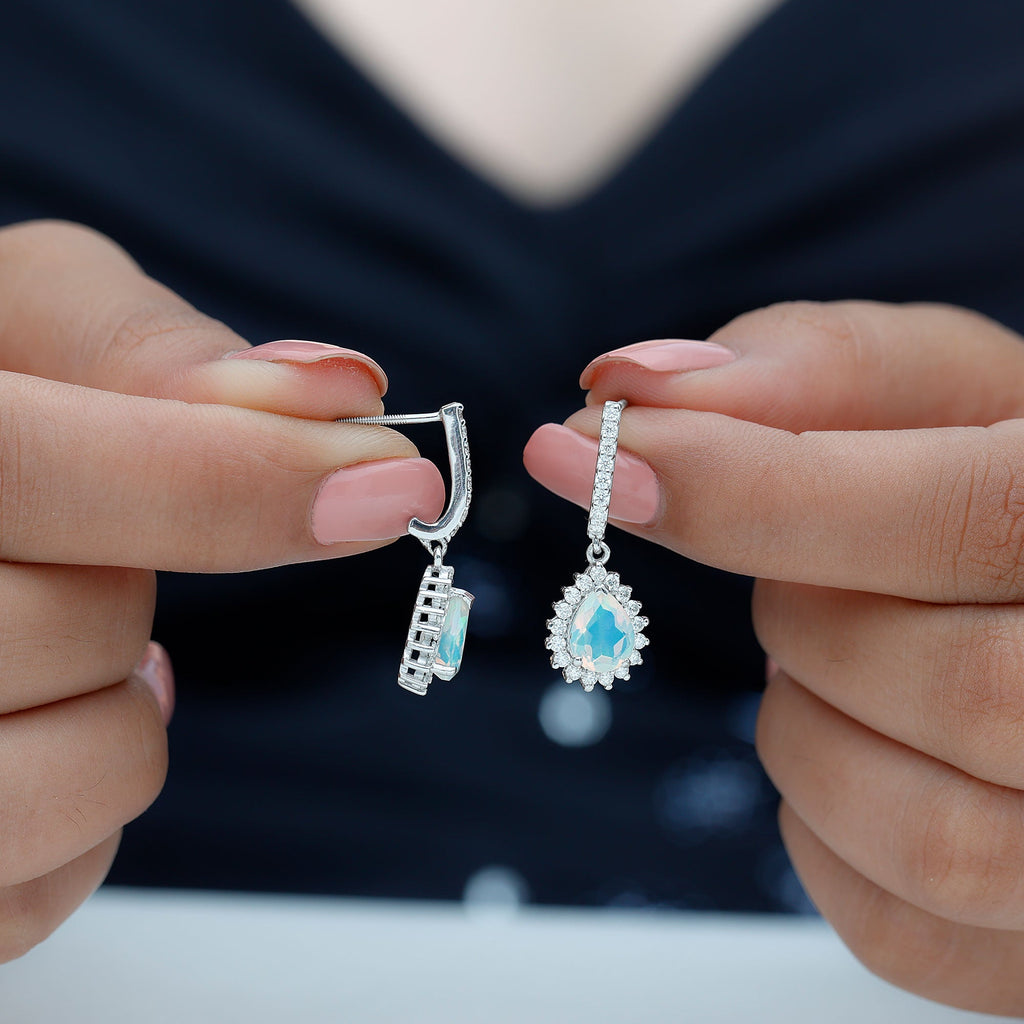 Natural Ethiopian Opal Teardrop Bridal Earrings with Moissanite Accent