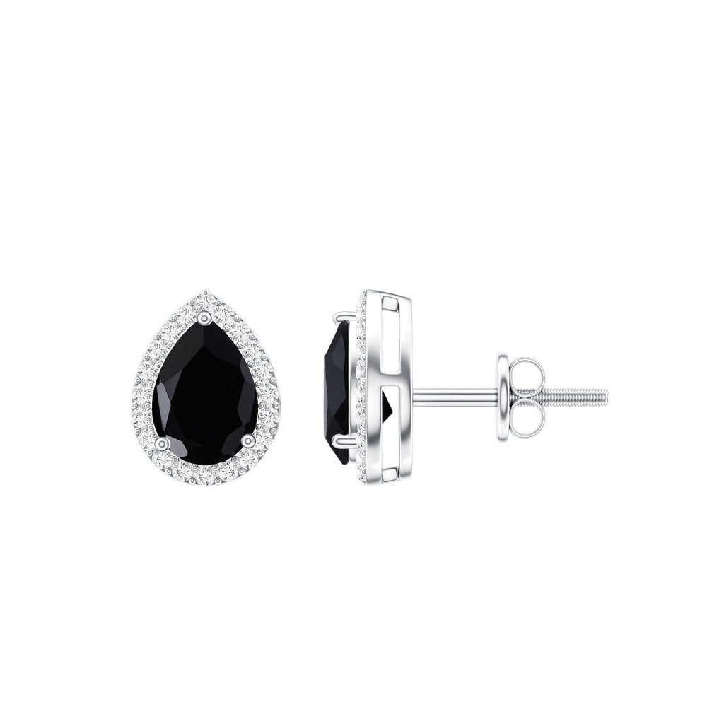 2 Carat Pear Cut Black Onyx and Diamond Halo Stud Earrings