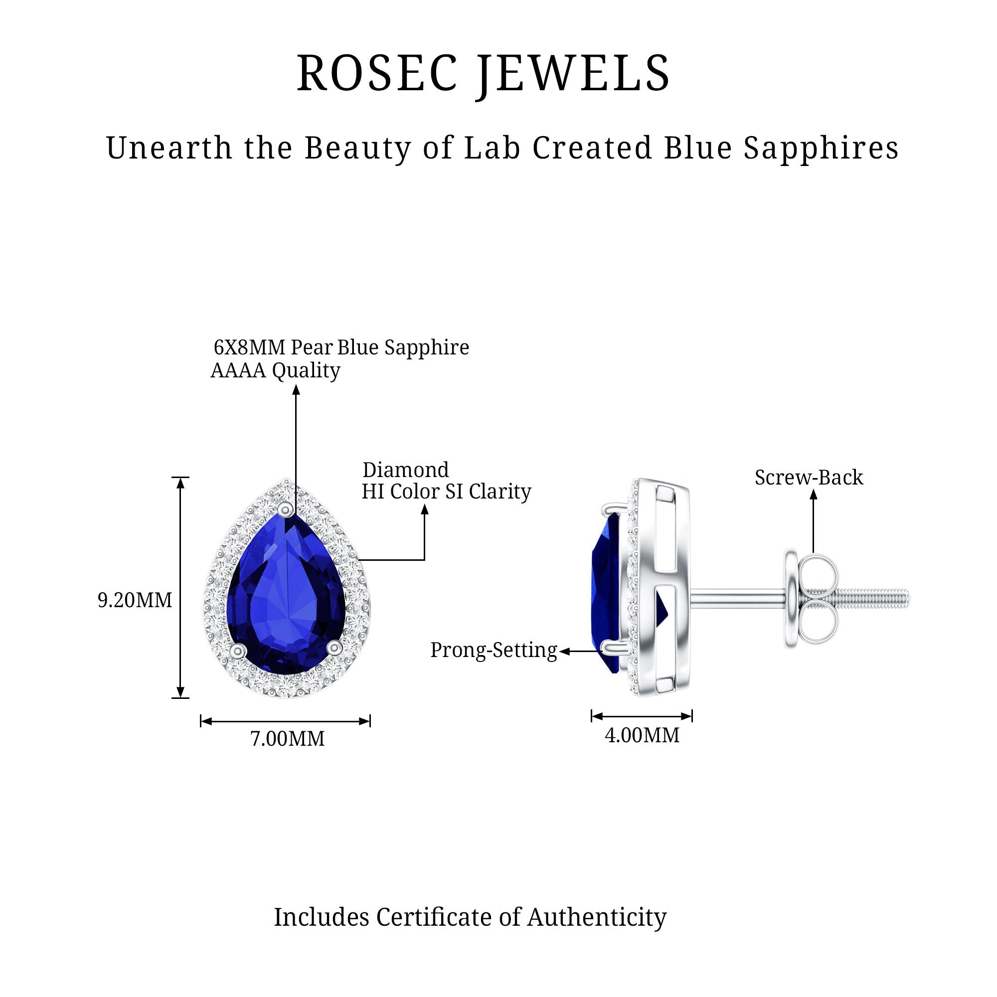 Certified Lab Created Blue Sapphire and Diamond Stud Earrings