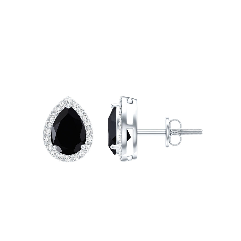 Lab Created Black Diamond Teardrop Stud Earrings with Diamond Halo