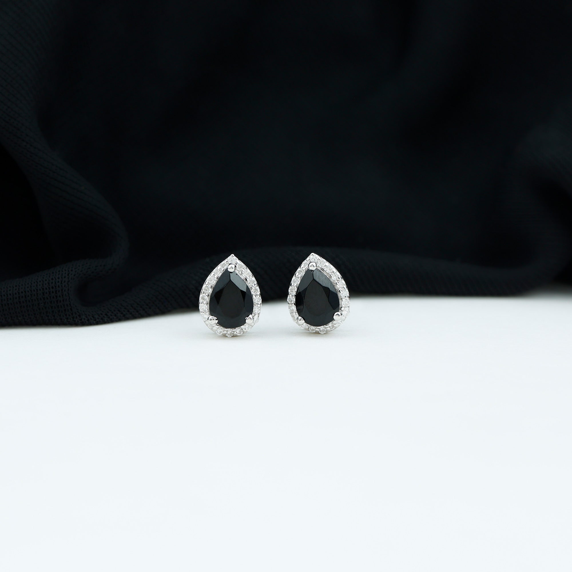 Lab Created Black Diamond Teardrop Stud Earrings with Diamond Halo