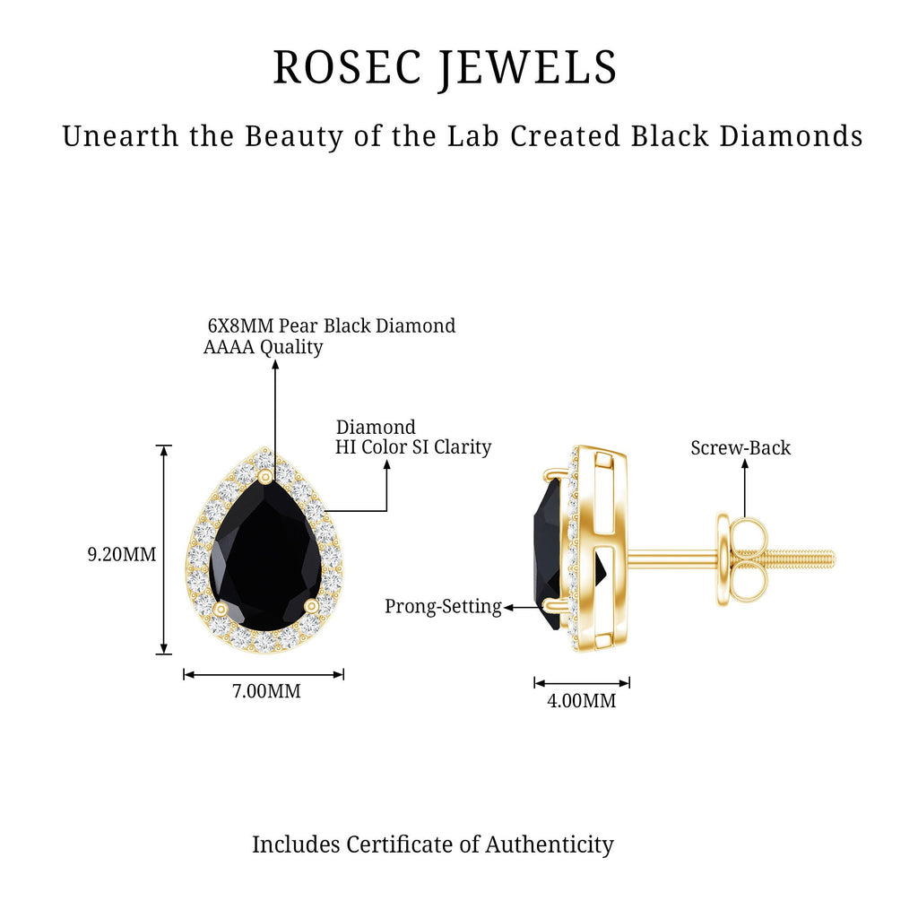 Lab Created Black Diamond Teardrop Stud Earrings with Diamond Halo
