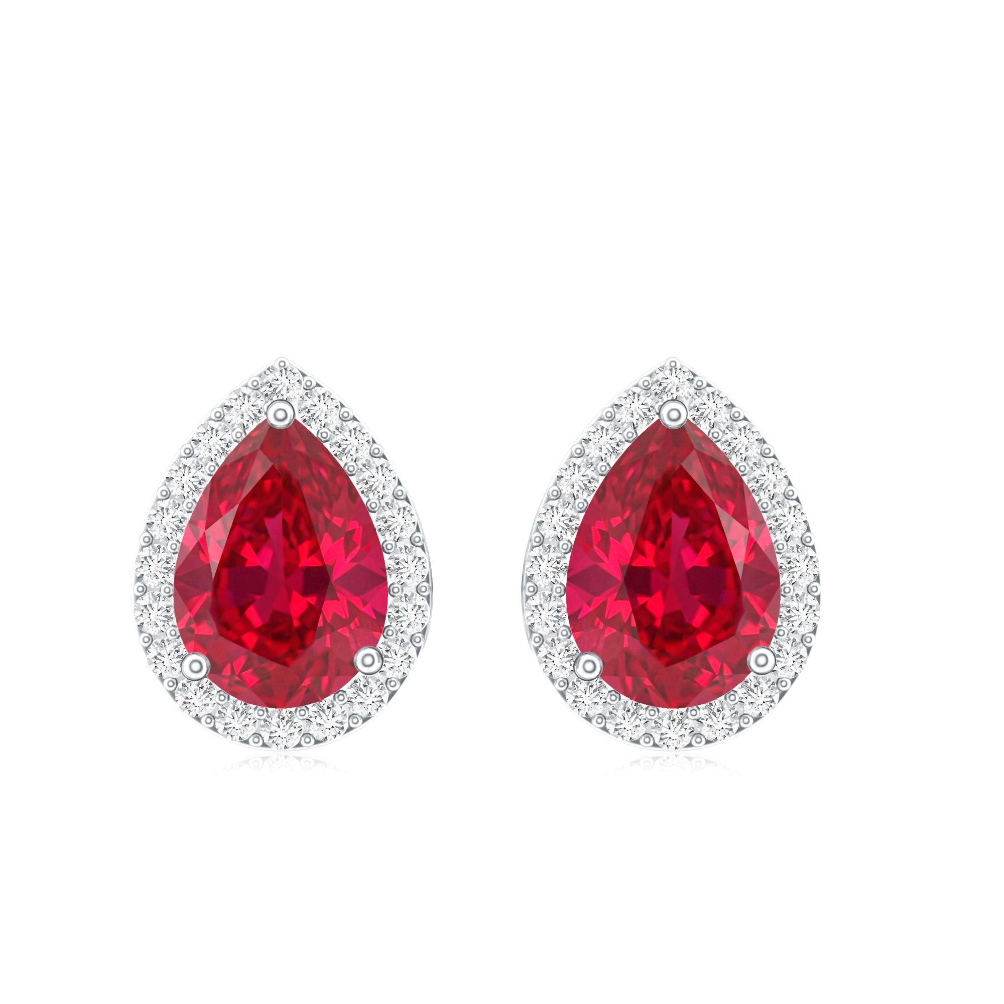 Lab Created Ruby Teardrop Stud Earrings with Diamond Halo