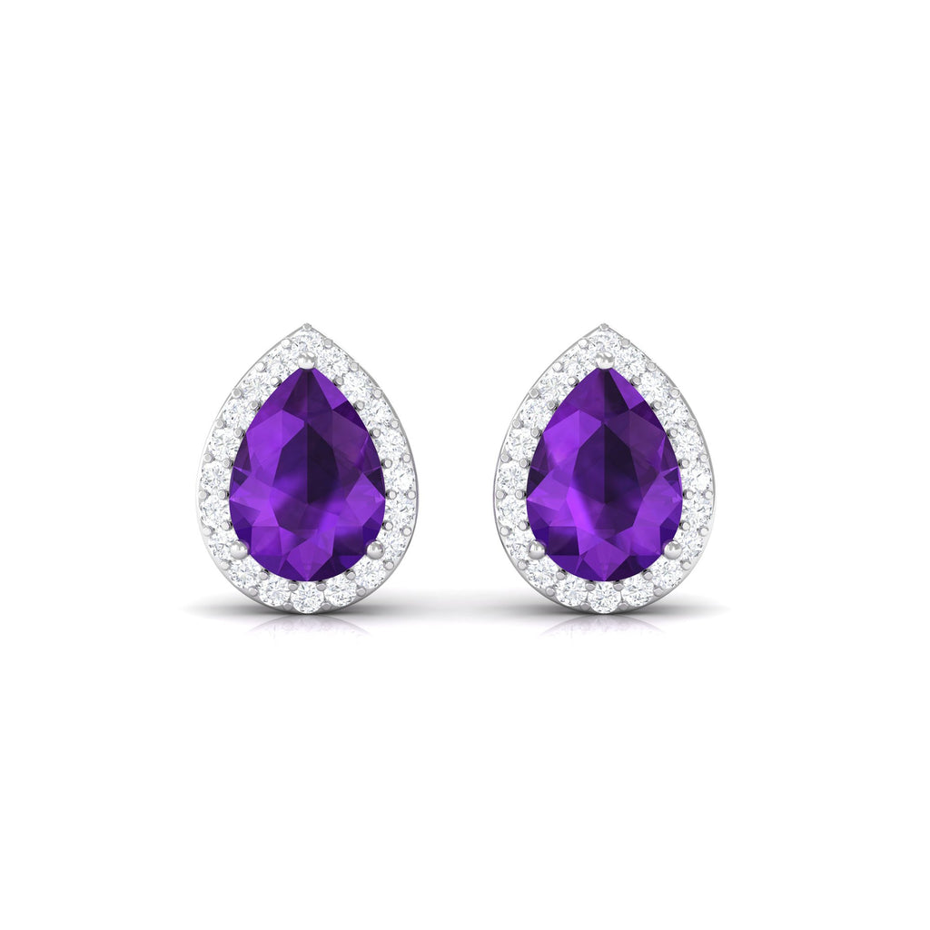Classic Pear Shape Amethyst Teardrop Earrings with Diamond Halo