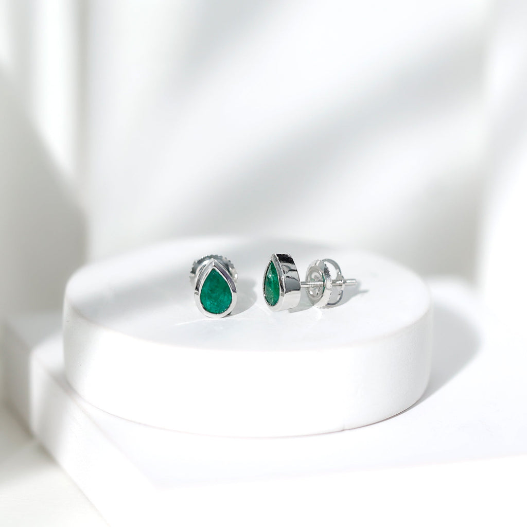 Genuine Emerald Teardrop Stud Earrings in Bezel Setting