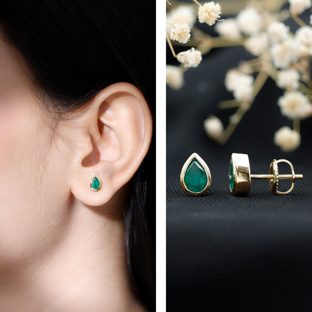 Genuine Emerald Teardrop Stud Earrings in Bezel Setting