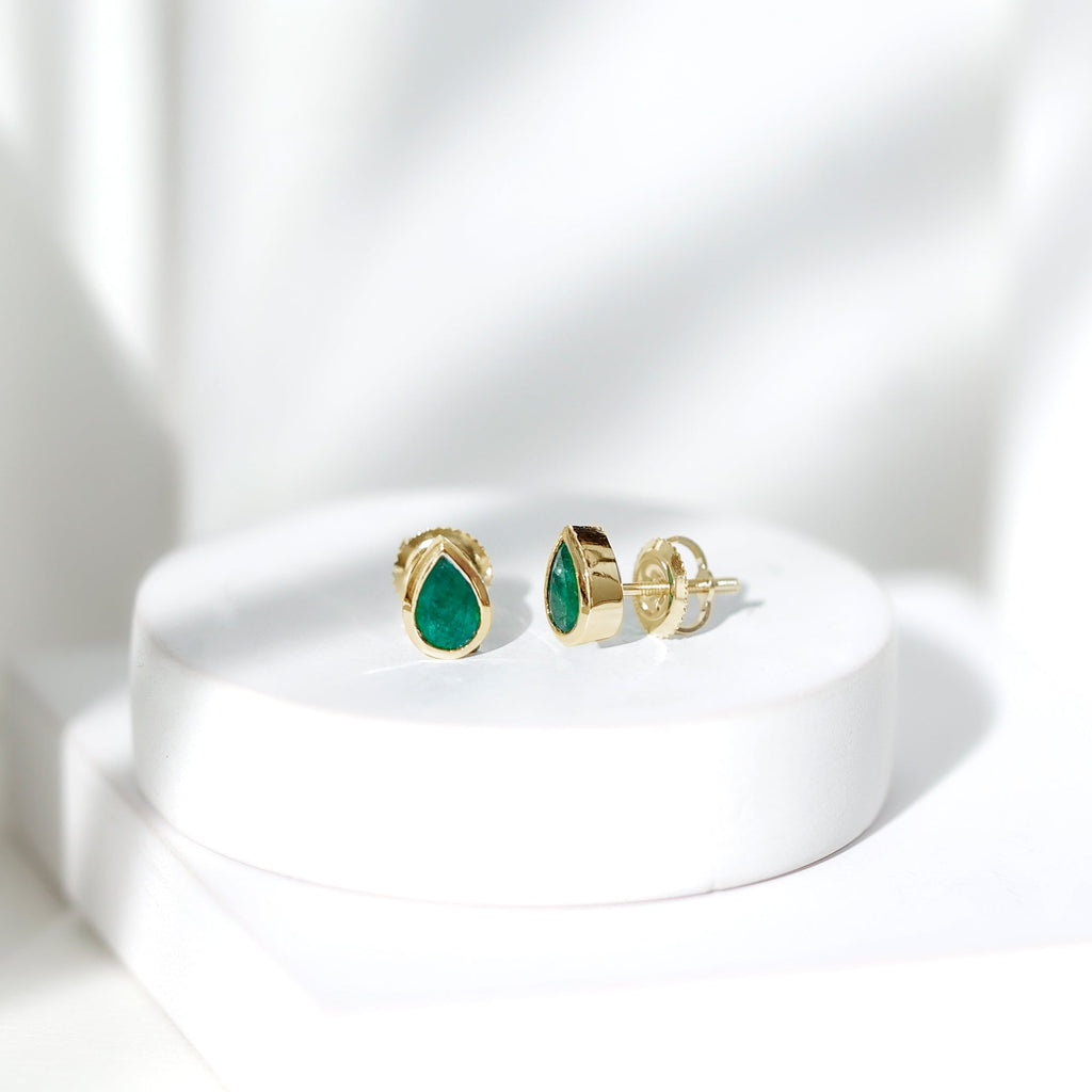 Genuine Emerald Teardrop Stud Earrings in Bezel Setting