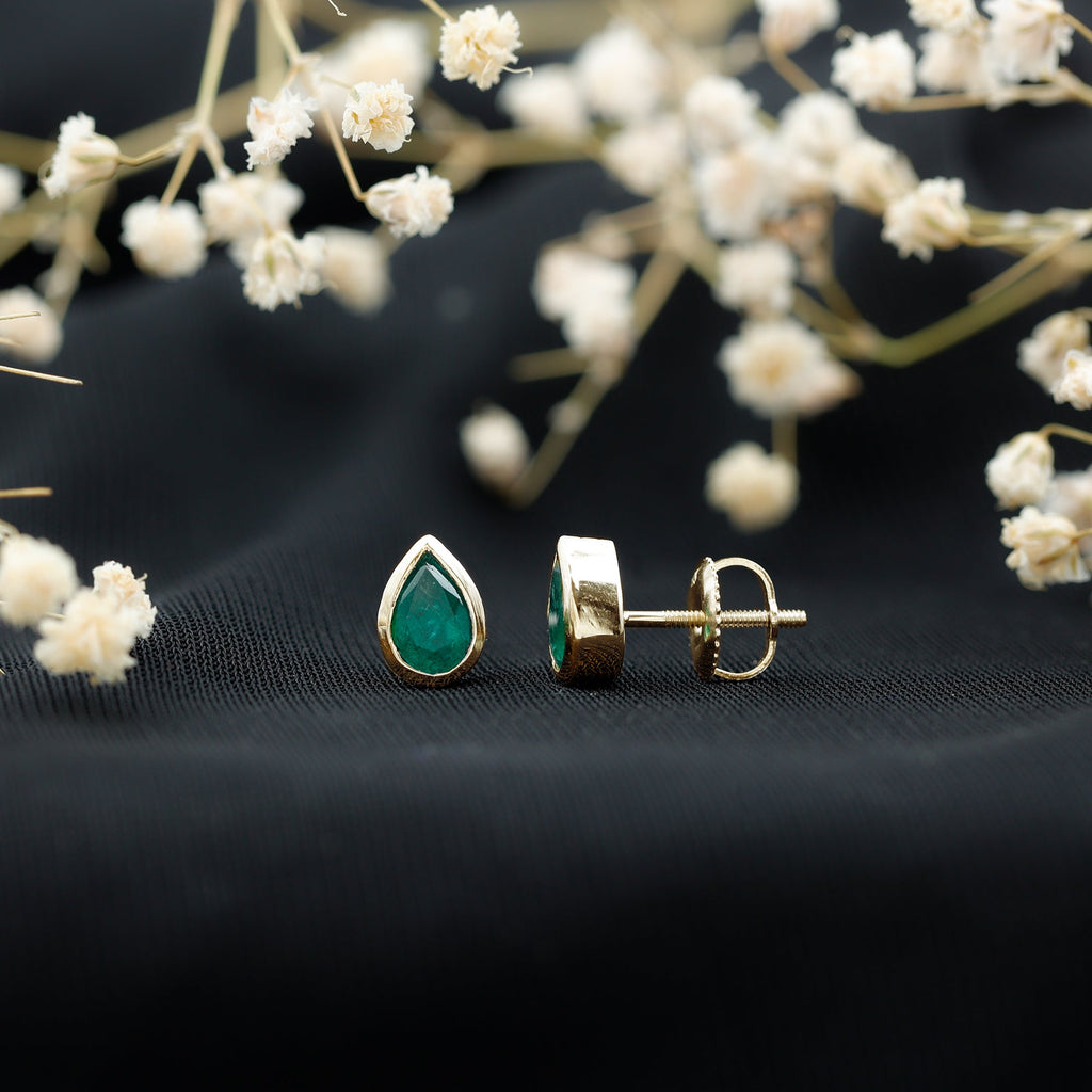 Genuine Emerald Teardrop Stud Earrings in Bezel Setting