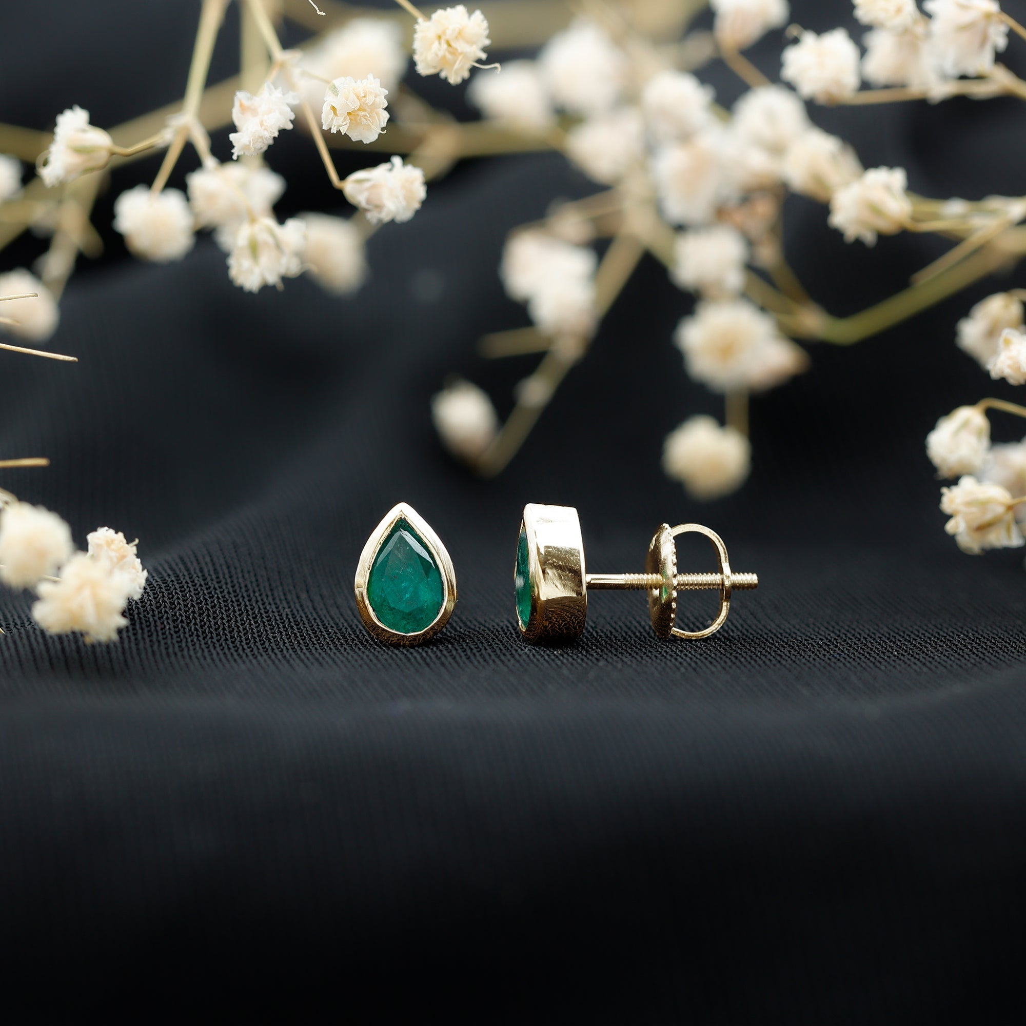 Genuine Emerald Teardrop Stud Earrings in Bezel Setting