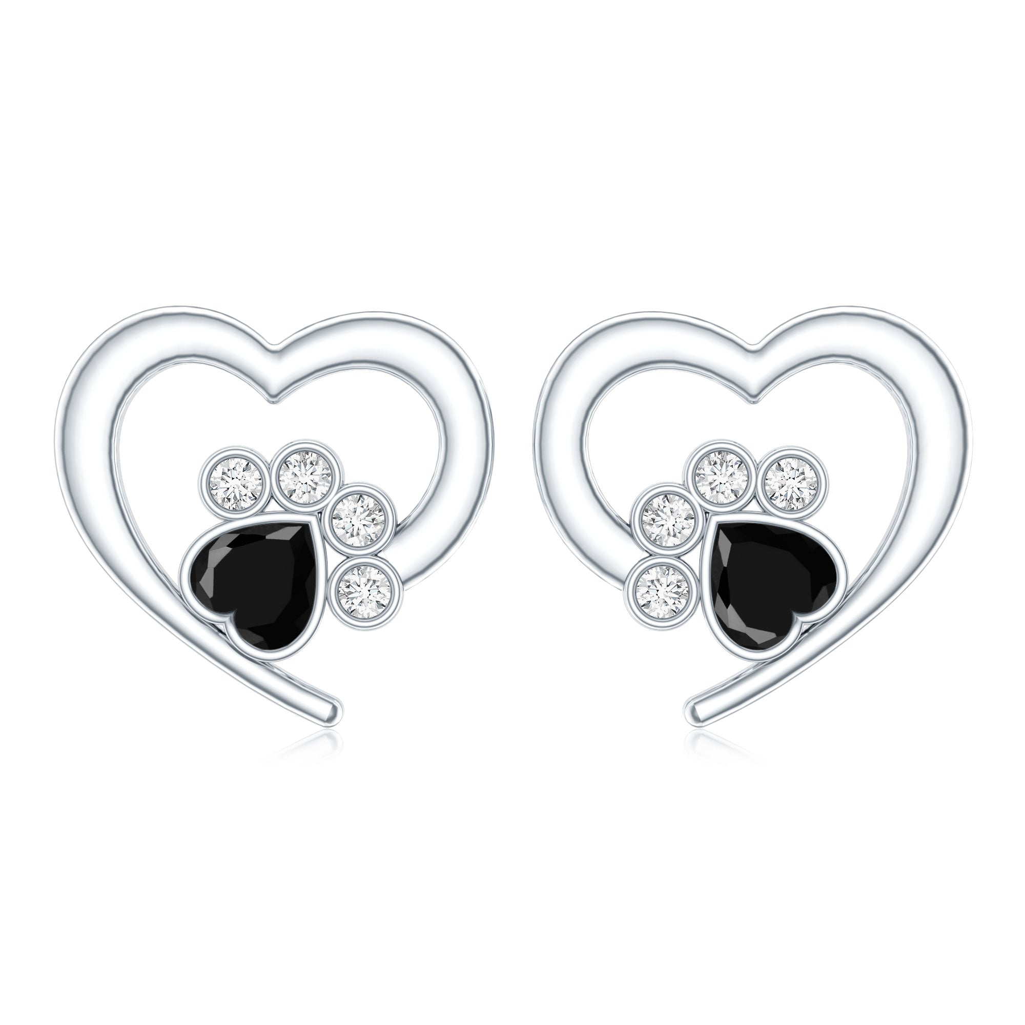 Heart Shape Black Onyx and Diamond Paw Stud Earrings