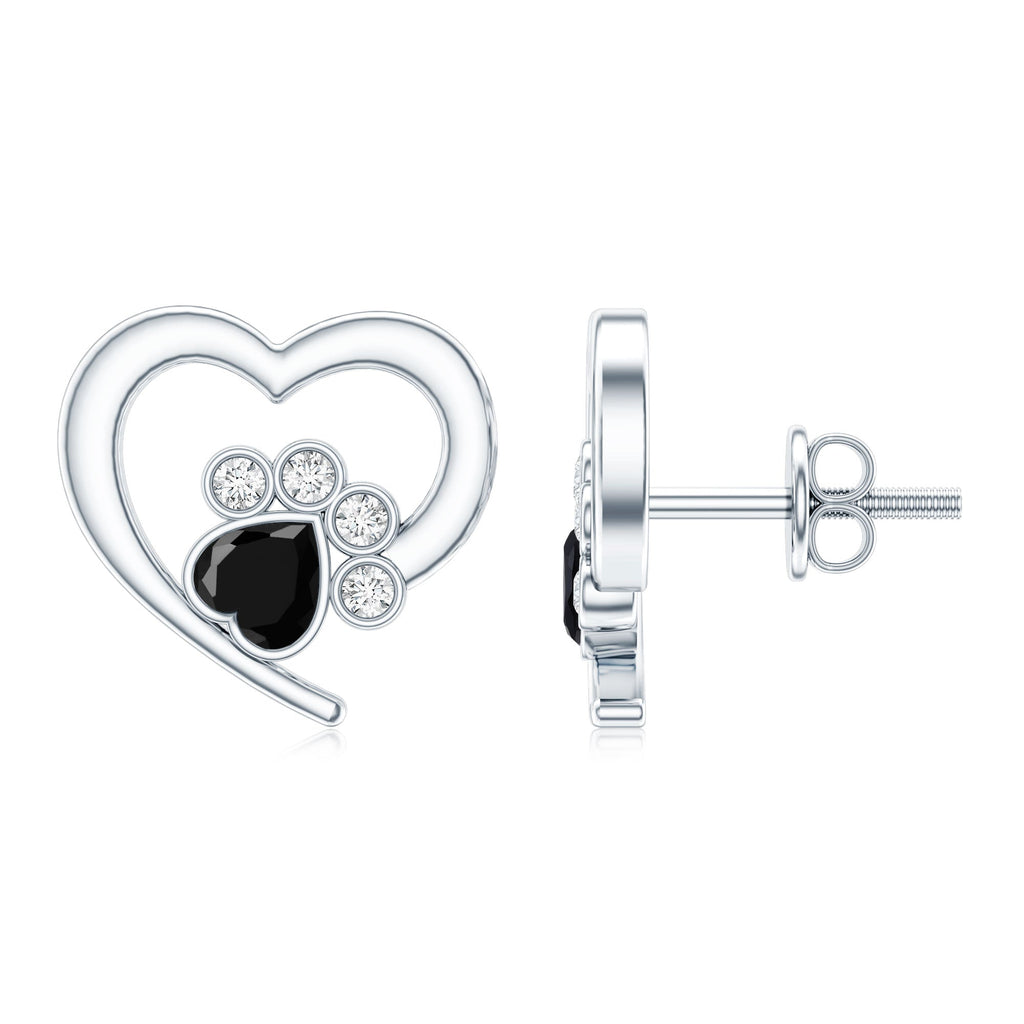 Heart Shape Black Onyx and Diamond Paw Stud Earrings