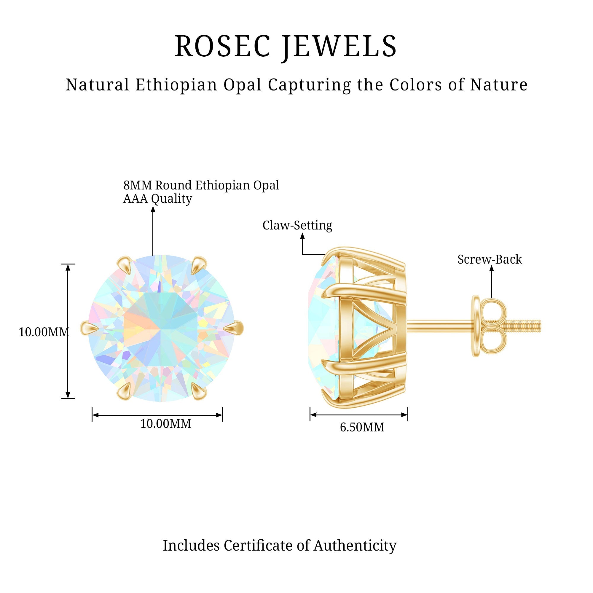 4 Carat Genuine Round Ethiopian Opal Solitaire Stud Earrings