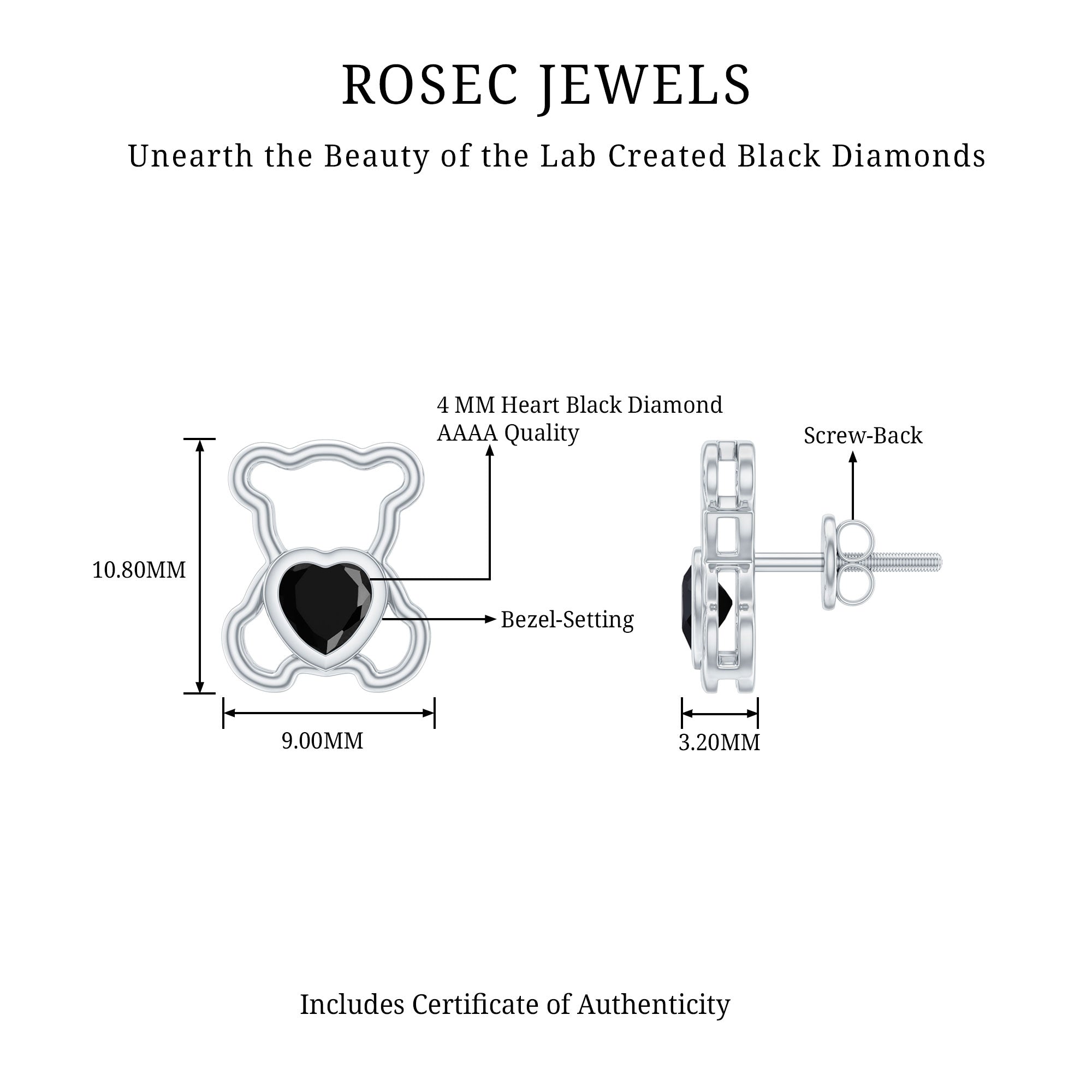 Heart Shape Lab Created Black Diamond Teddy Bear Stud Earrings