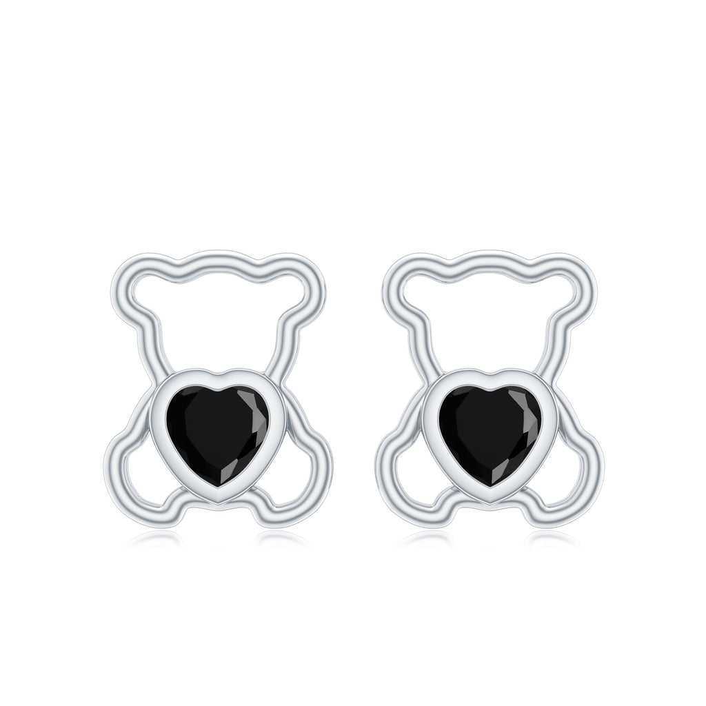 Heart Shape Lab Created Black Diamond Teddy Bear Stud Earrings