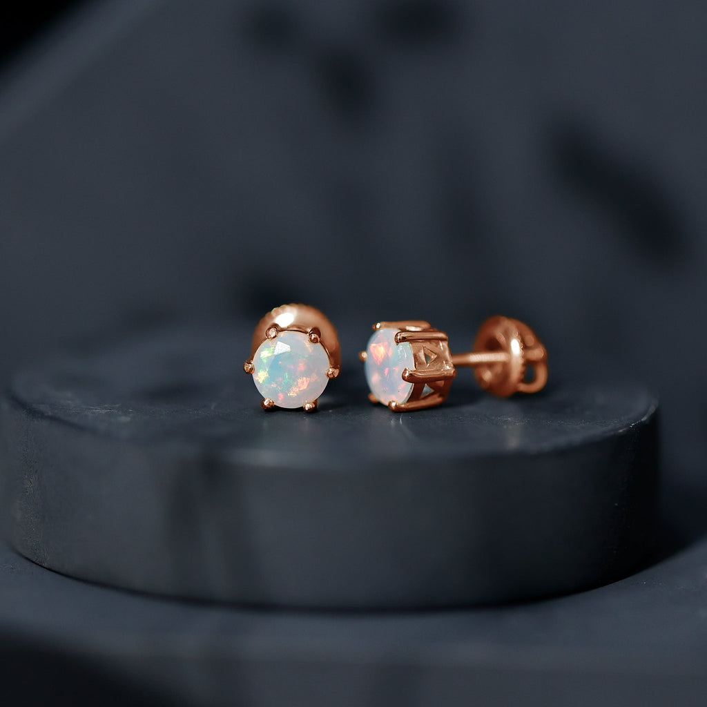 1.6 Carat Round Ethiopian Opal Solitaire Stud Earrings in 6 Claw Setting