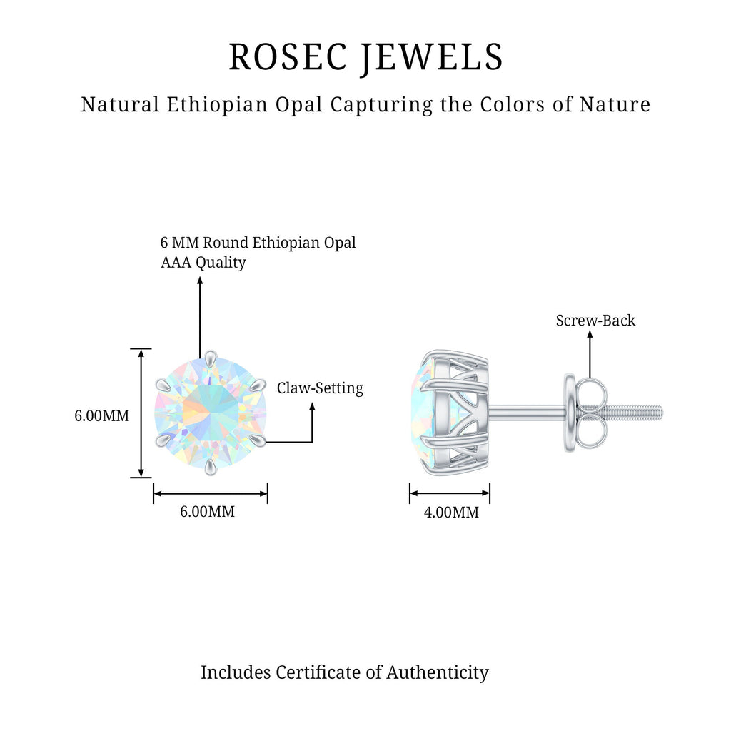 1.6 Carat Round Ethiopian Opal Solitaire Stud Earrings in 6 Claw Setting