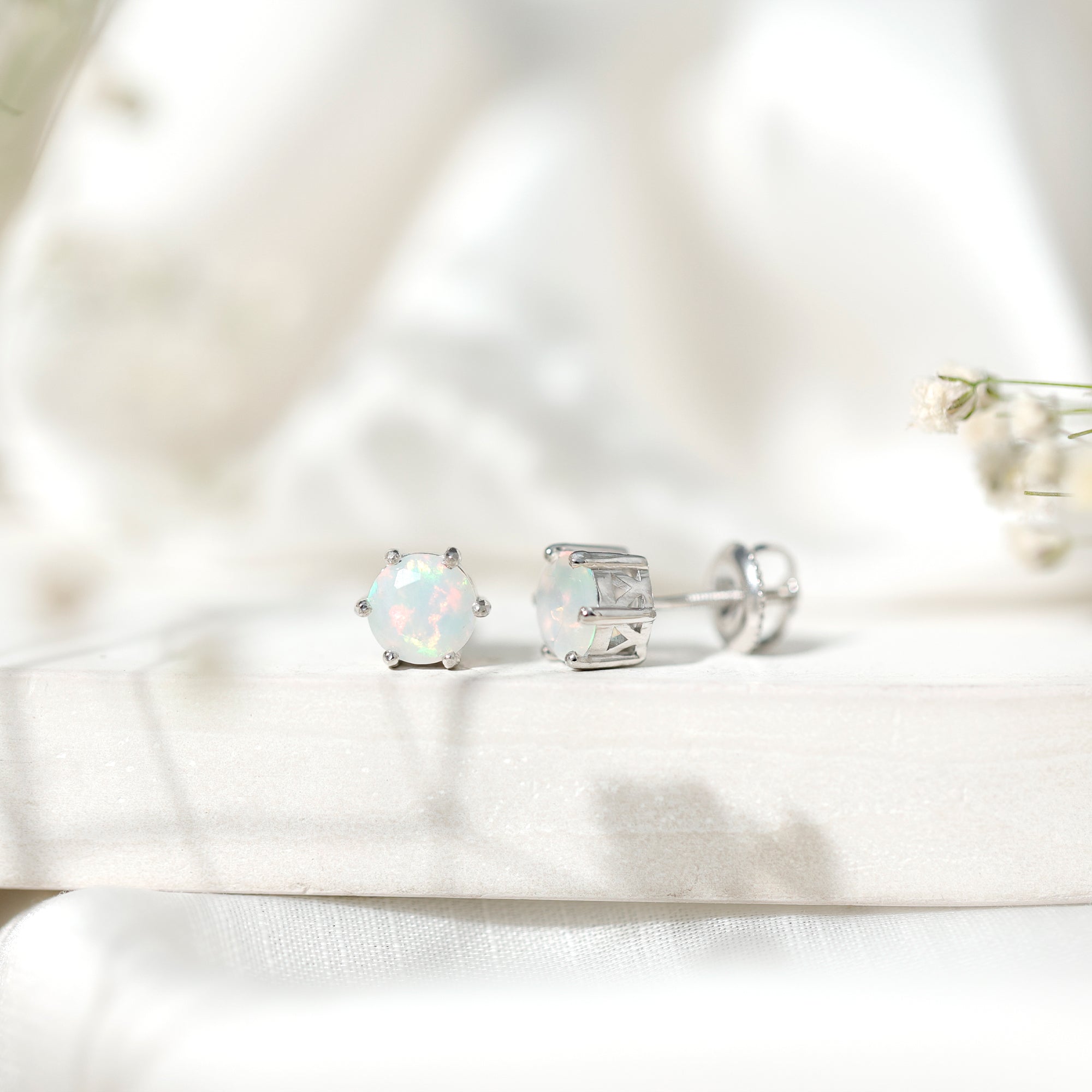 1.6 Carat Round Ethiopian Opal Solitaire Stud Earrings in 6 Claw Setting