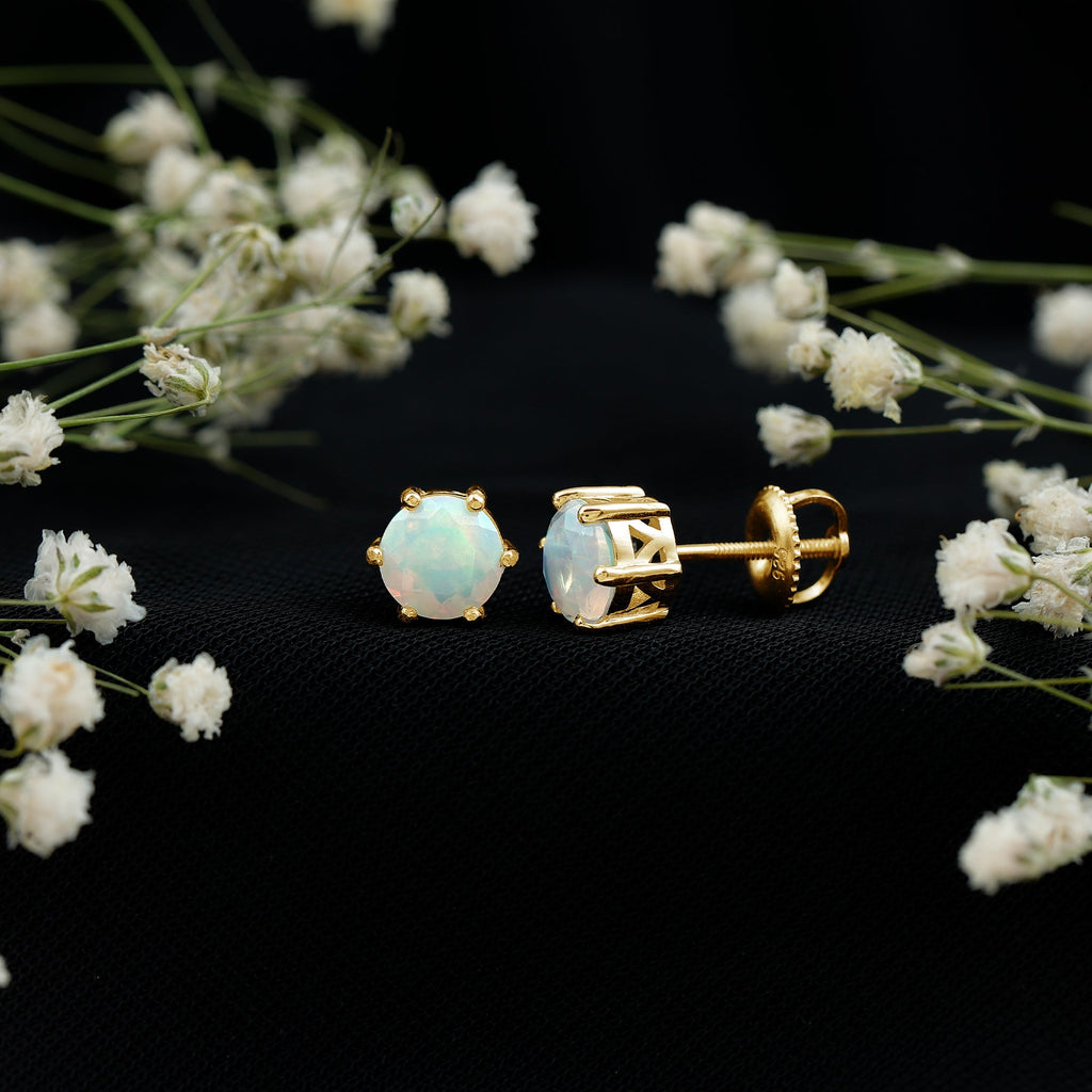 1.6 Carat Round Ethiopian Opal Solitaire Stud Earrings in 6 Claw Setting