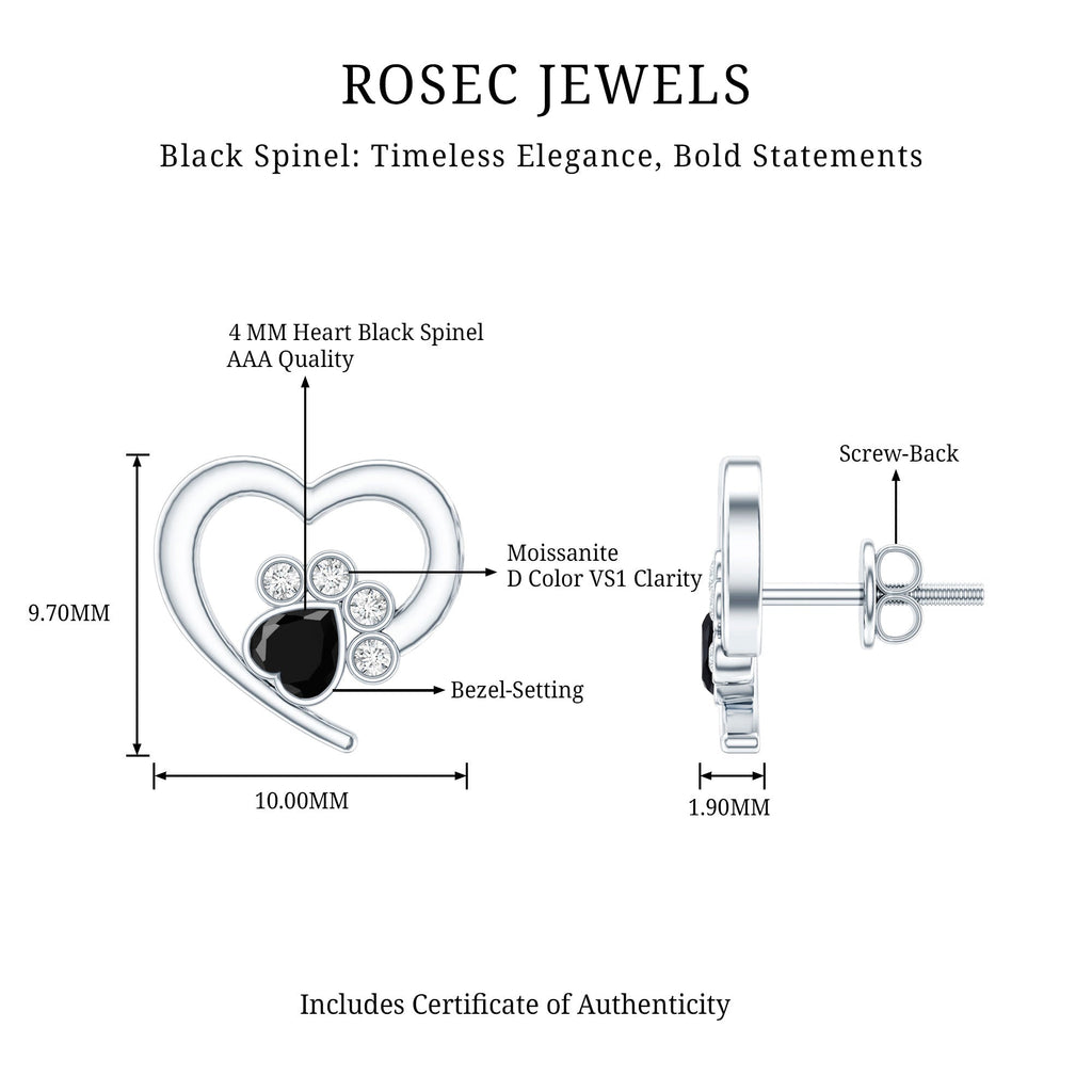 Heart Shape Black Spinel Paw Stud Earrings with Moissanite