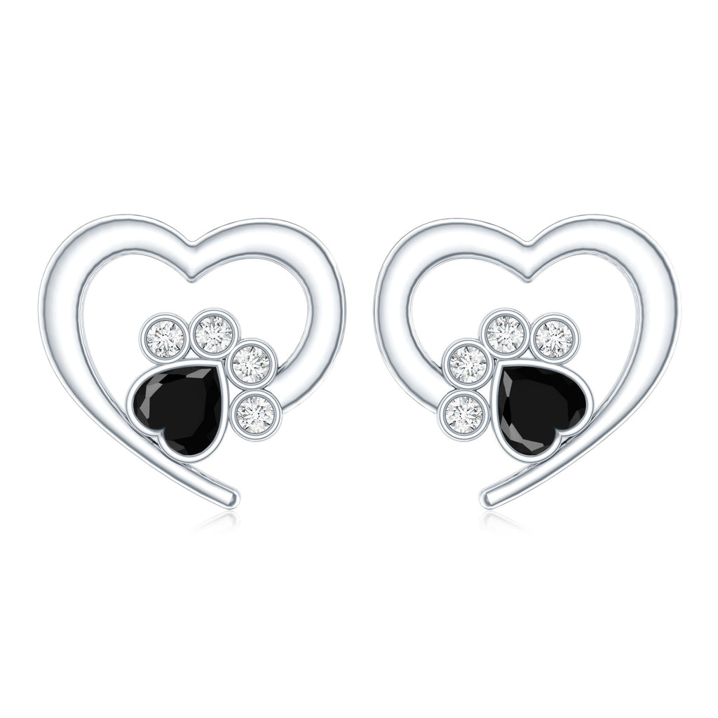 Heart Shape Black Spinel Paw Stud Earrings with Moissanite