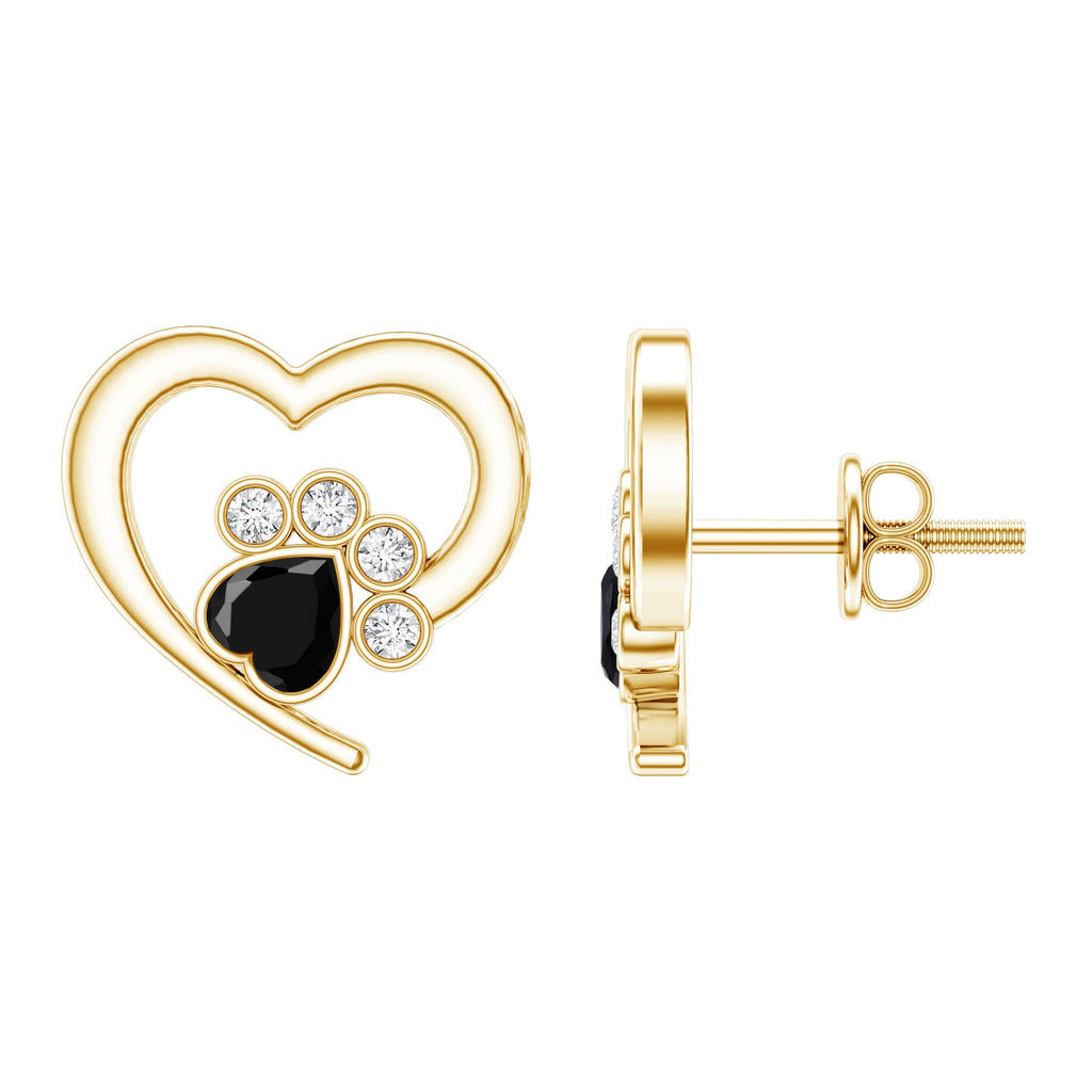 Heart Shape Black Spinel Paw Stud Earrings with Moissanite