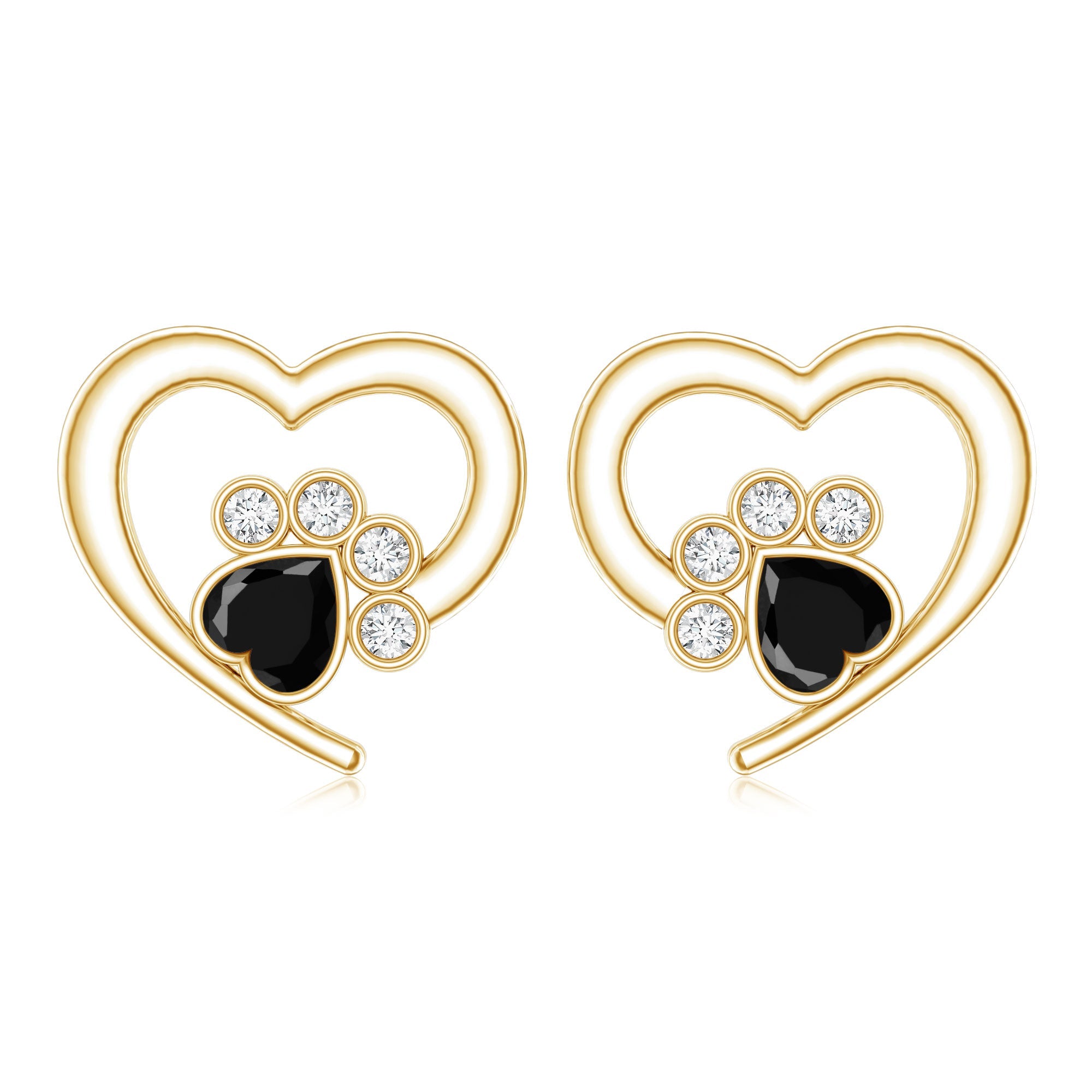 Heart Shape Black Spinel Paw Stud Earrings with Moissanite