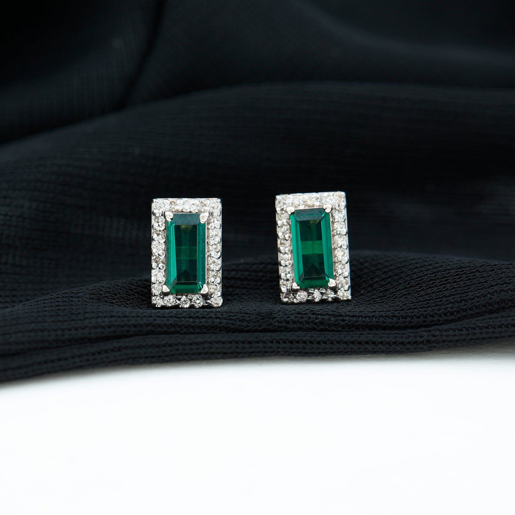 Baguette Cut Lab Grown Emerald and Diamond Halo Stud Earrings