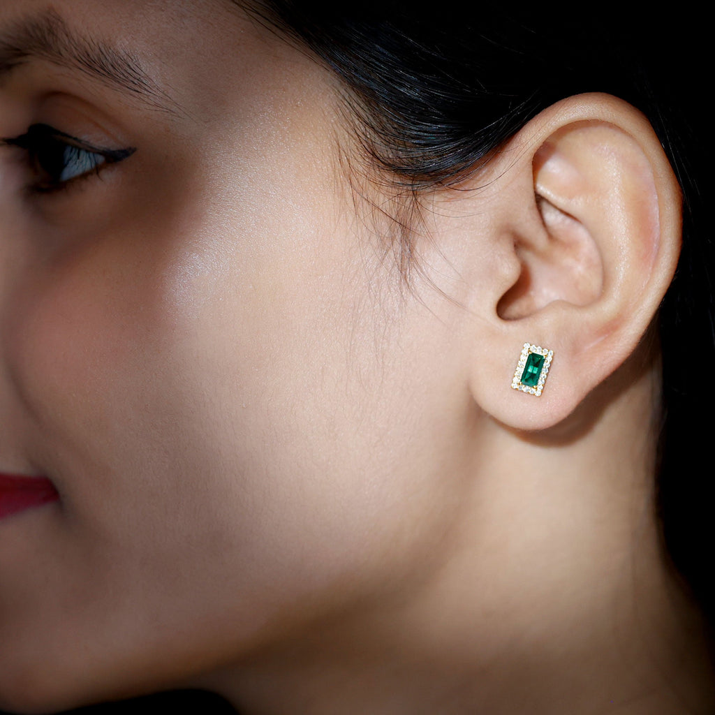 Baguette Cut Lab Grown Emerald and Diamond Halo Stud Earrings