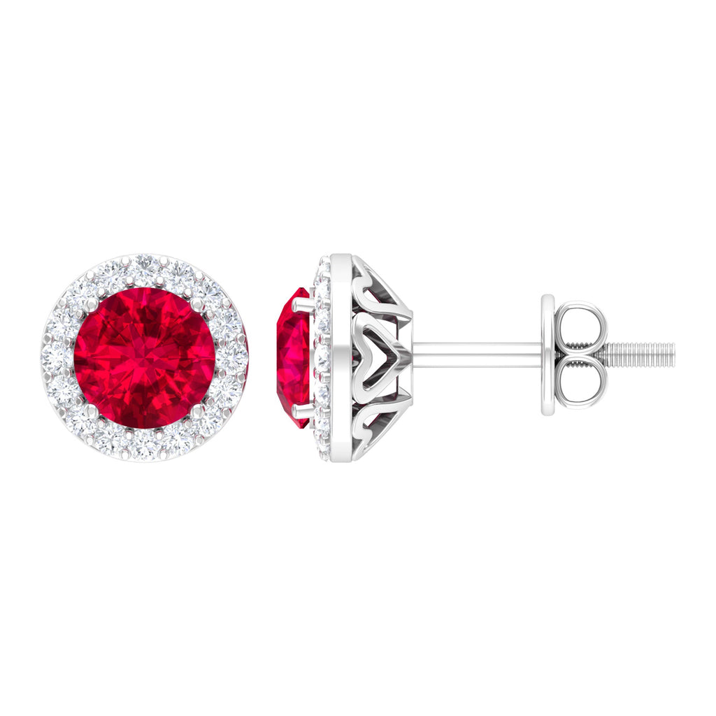 Round Lab Created Ruby Classic Stud Earrings With Diamond Halo