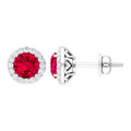 Round Lab Created Ruby Classic Stud Earrings With Diamond Halo