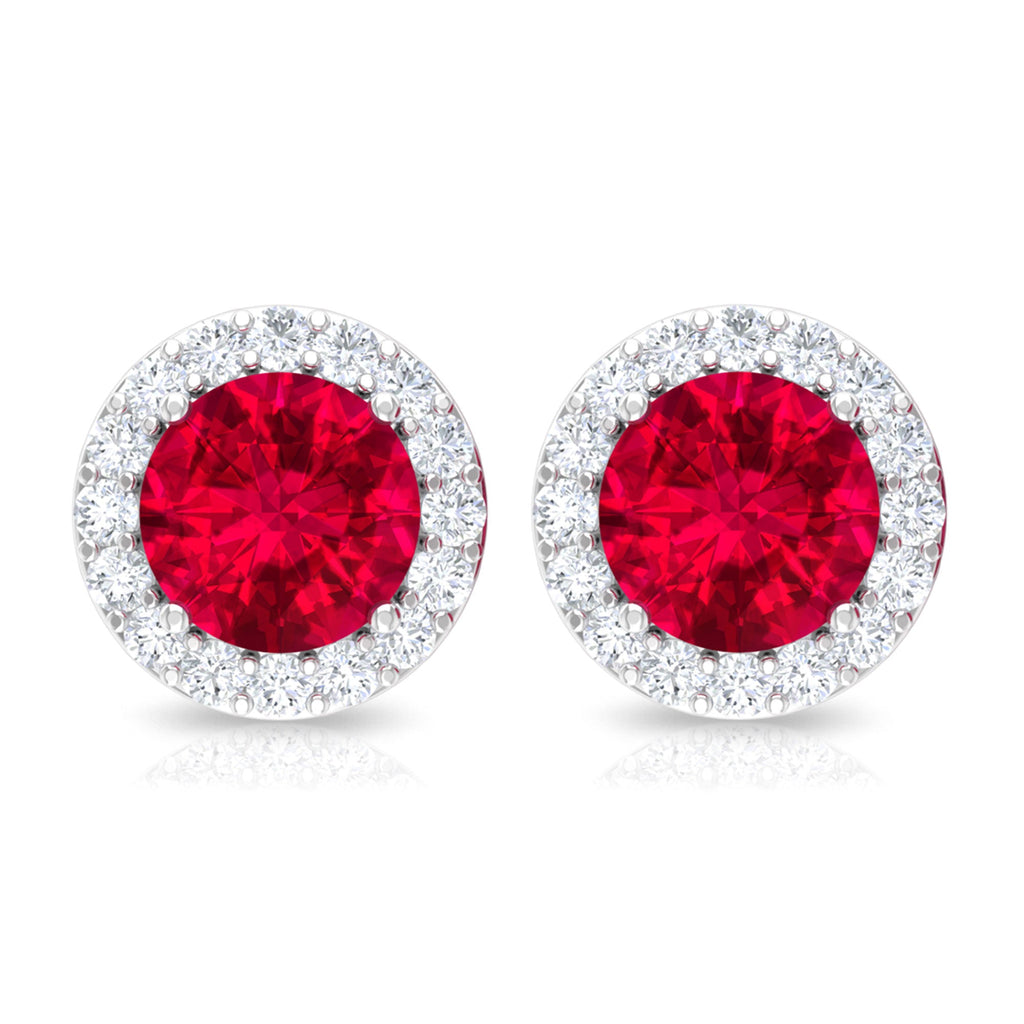 Round Lab Created Ruby Classic Stud Earrings With Diamond Halo
