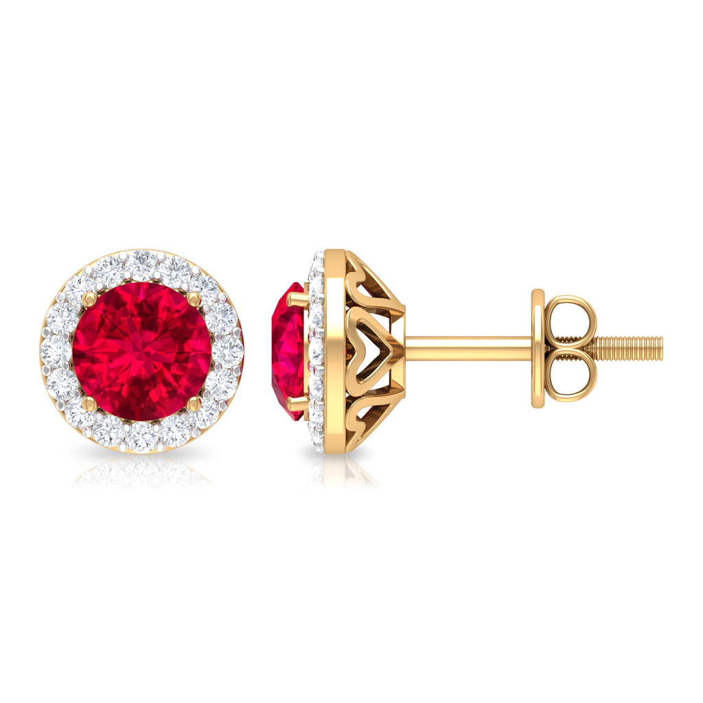 Round Lab Created Ruby Classic Stud Earrings With Diamond Halo