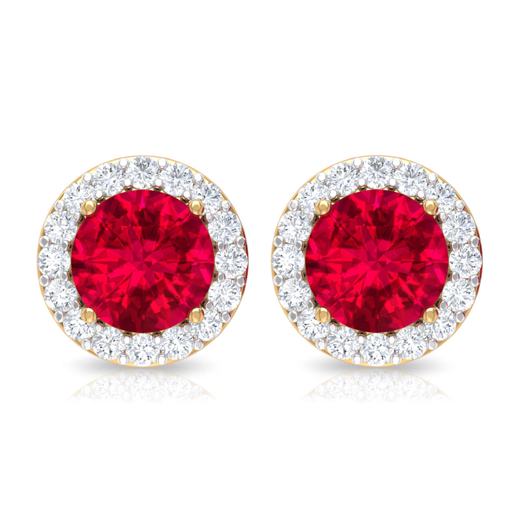 Round Lab Created Ruby Classic Stud Earrings With Diamond Halo
