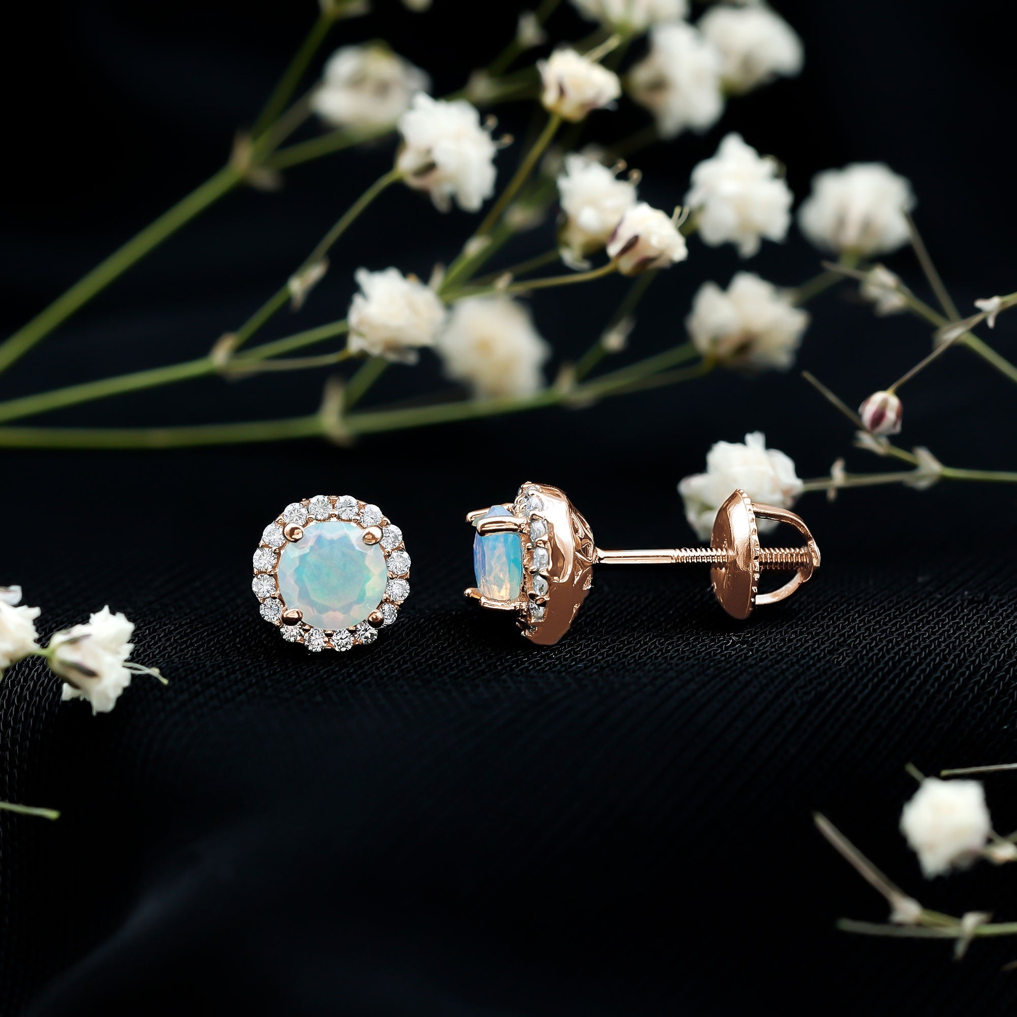 Natural Ethiopian Opal and Moissanite Halo Stud Earrings