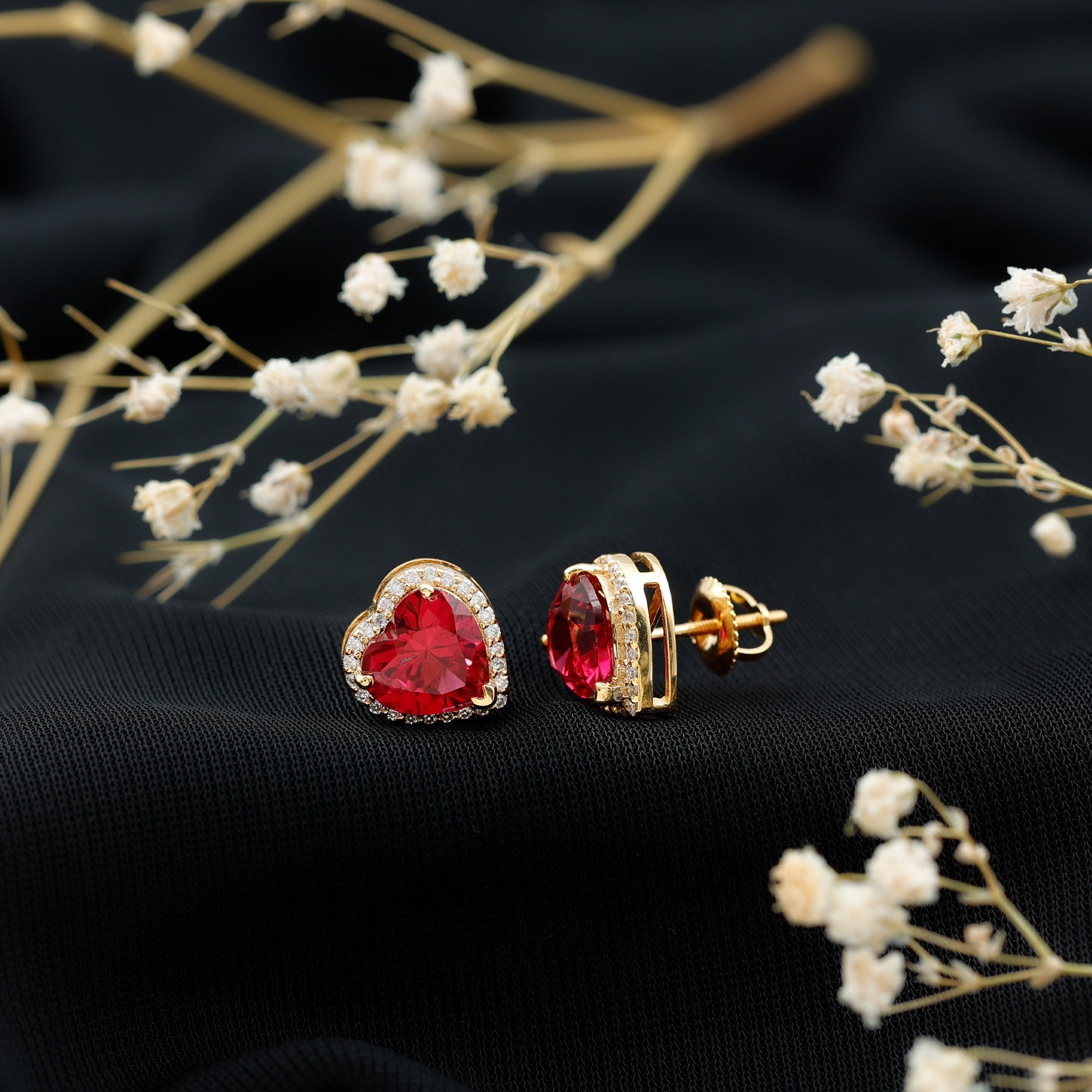 Heart Shape Lab Grown Ruby Stud Earrings For Her